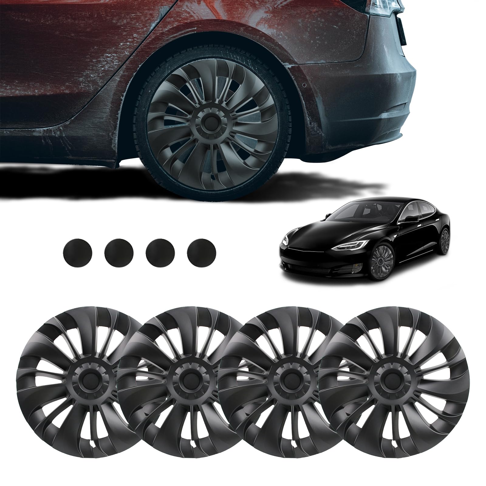 Radkappe in Mattschwarz, 19 Zol Radzierblenden 4 er Set, ABS Felgenschutz Ersatzabdeckung Unterstützung Logo Symmetrie Design für Felgenabdeckung für Autofelgen Radkappe in Mattschwarz, 19 Zol Radzierblenden 4 er Set, ABS Felgenschutz Ersatzabdeckung Unterstützung Logo Symmetrie Design für Felgenabdeckung für Autofelgen von CISSIYOG