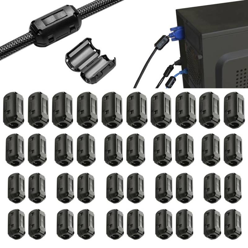 CJBIN 40 Stück Ferritkerne für Kabel, Mantelwellenfilte, Ferritkern Ferrite Ring, Entstörfilter Klappferrit Aufsteckbarer Ferritring Ferritkerne für Kabel RFI, EMI, 3.5mm 5 mm 7 mm 9 mm, Schwarz von CJBIN