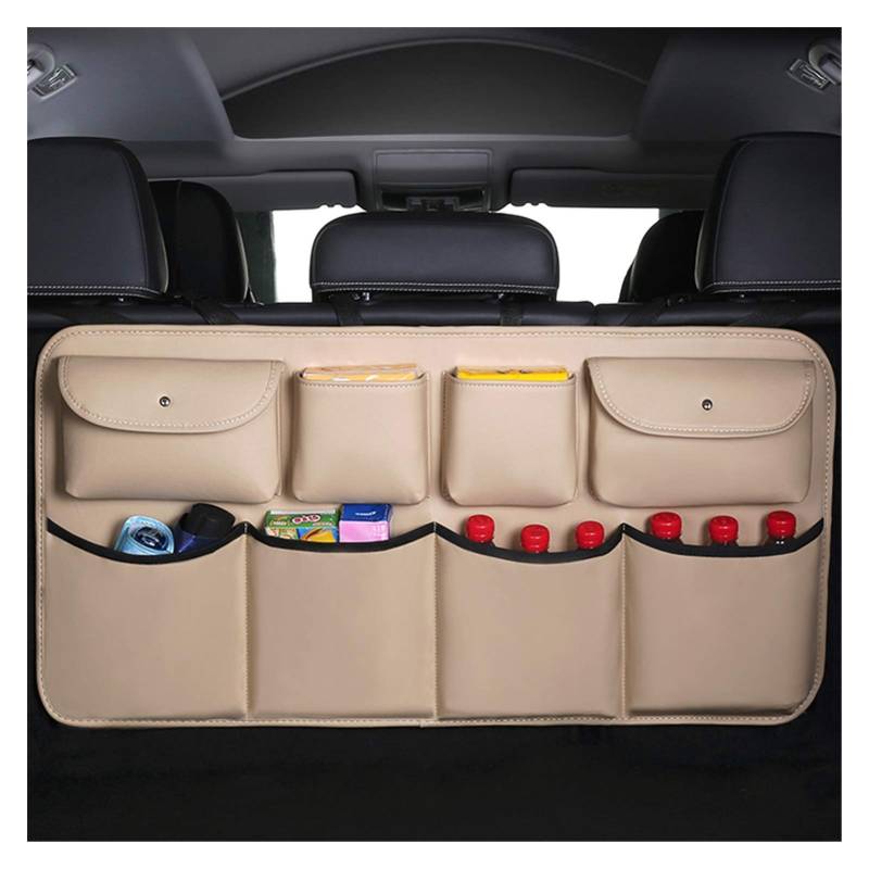 Auto Organizer Kofferraum,Kofferraumtasche PU-Leder-Auto-Rückseite Rückseite Aufbewahrungstasche Multi-Use-Autokofferraum-Organizer Auto-Storing Aufräumen Auto-Innen-Zubehör(Beige with net) von CKryzillix