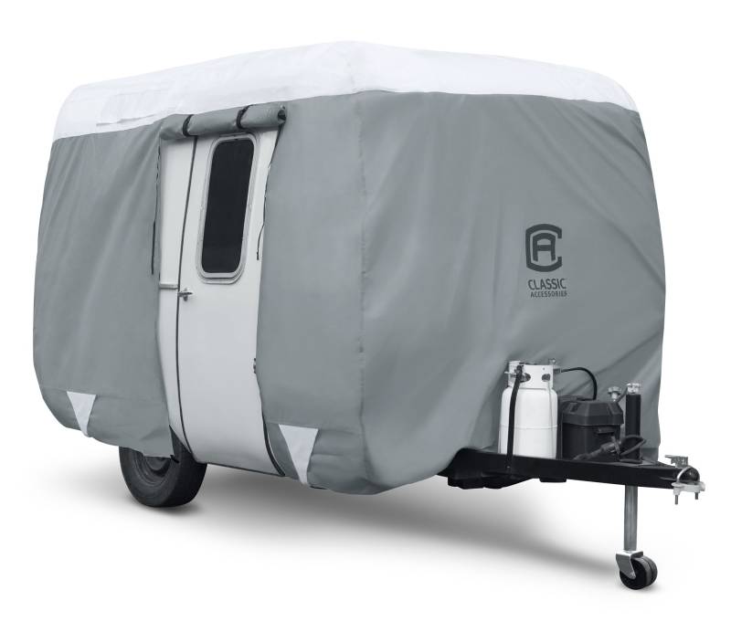 Classic Accessories Over Drive PolyPRO 3 geformte Fiberglas-Reiseanhänger-Abdeckung, passend für 2,4-3,4 m Anhänger, Wohnmobil-Abdeckung, wasserdicht, Ganzjahresschutz für Wohnmobil, grau/weiß von CLASSIC ACCESSORIES