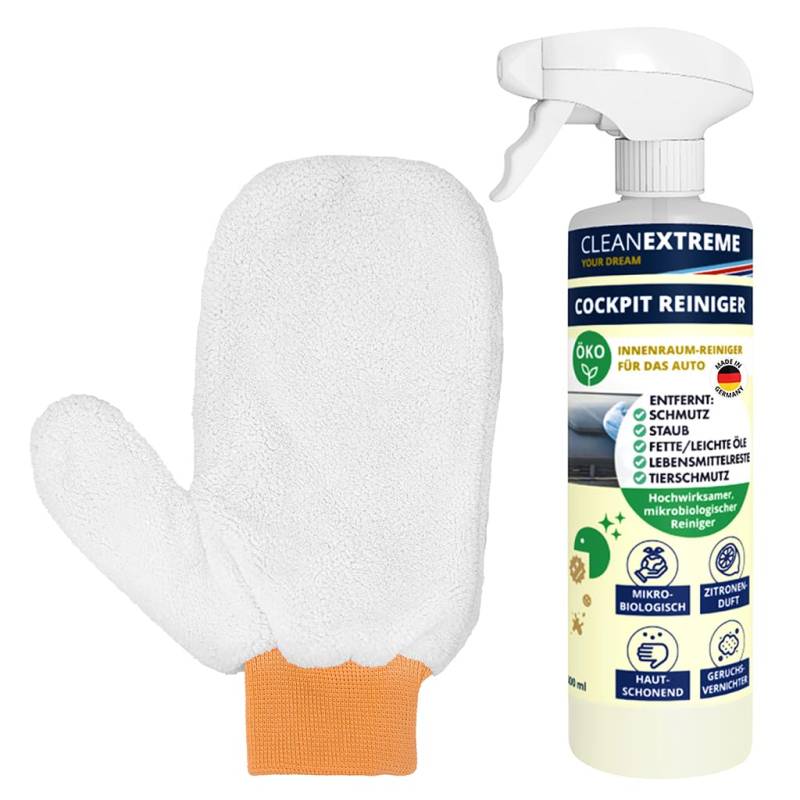 CLEANEXTREME Cockpitreiniger Mikrobiologisch Duft Zitrone mit Geruchsvernichter | Set mit 500 ml Spray + Mikrofaser-Reinigungshandschuh | Auto Innenraum Reiniger von CLEANEXTREME
