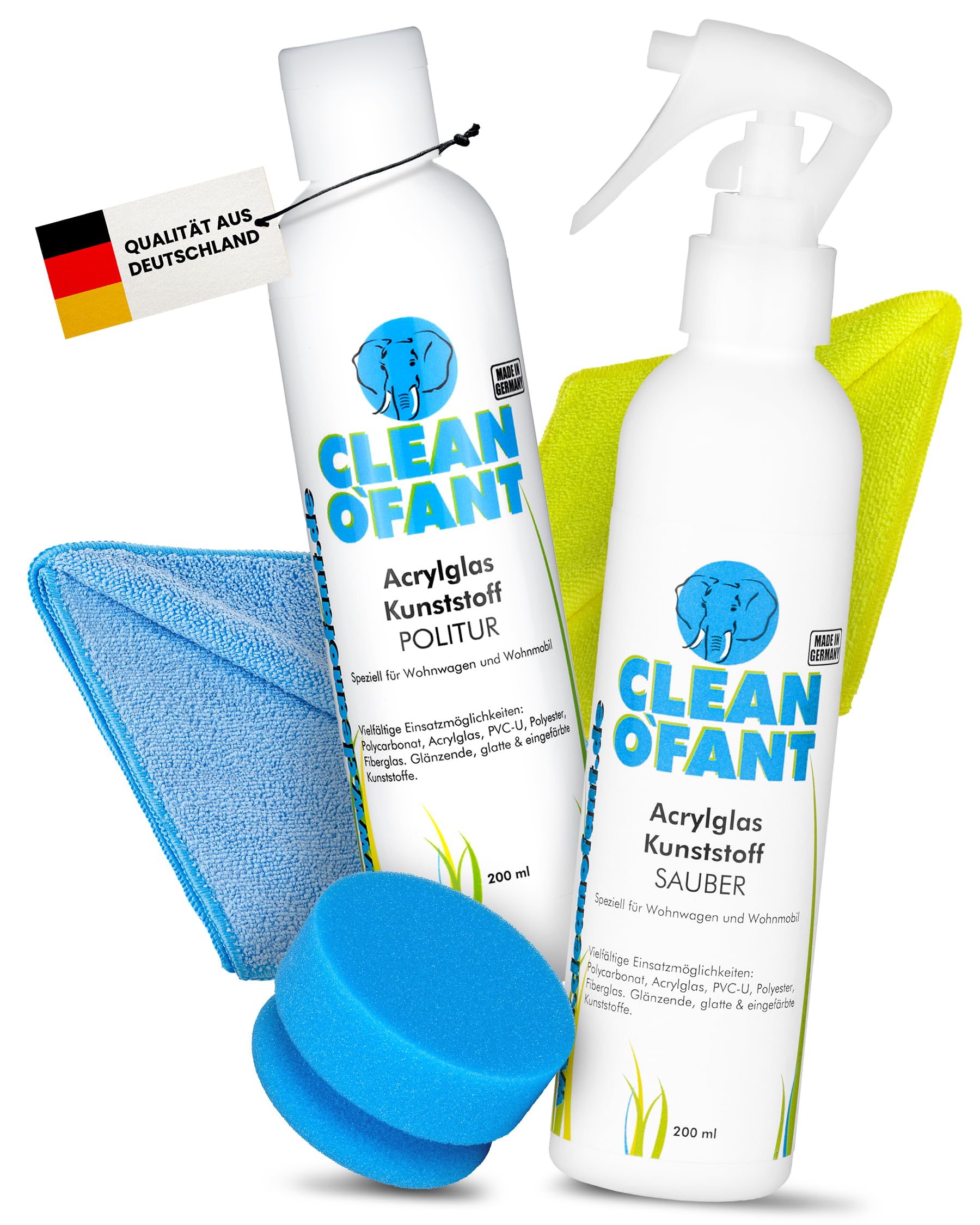 CLEANOFANT Acrylglas Kunststoff POLITUR & Reiniger Set - für Kunststoff-Fenster + Lichtkuppeln von Wohnwagen Wohnmobil Caravan Haushalt von CLEANOFANT