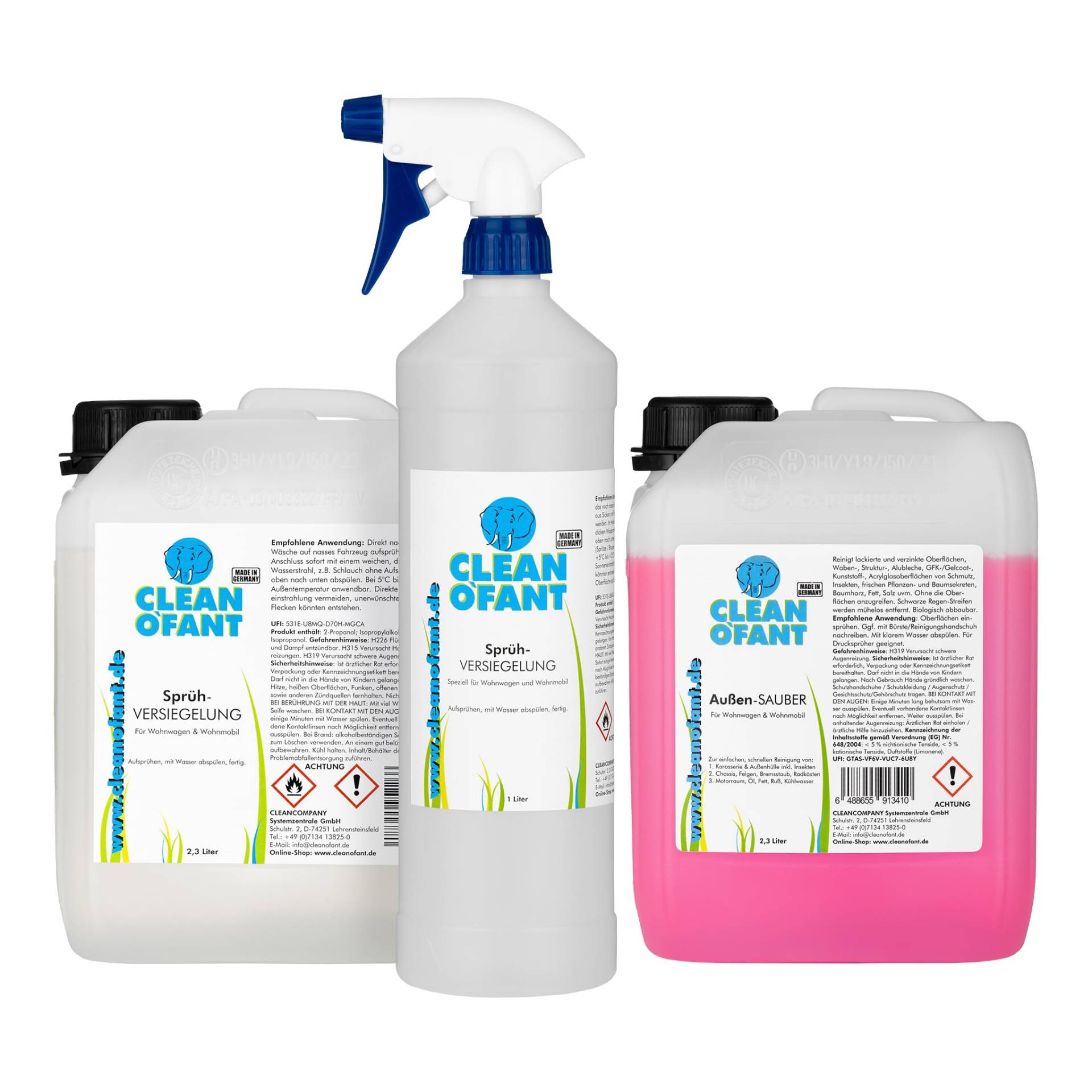 CLEANOFANT Außen Reiniger & Sprüh-Versiegelung Set | 2,3L Außen Reiniger + 1L Sprüh-Versiegelung Sprühflasche + 2,3L Sprüh-Versiegelung Nachfüllpack | Für Wohnwagen Wohnmobil Caravan von CLEANOFANT