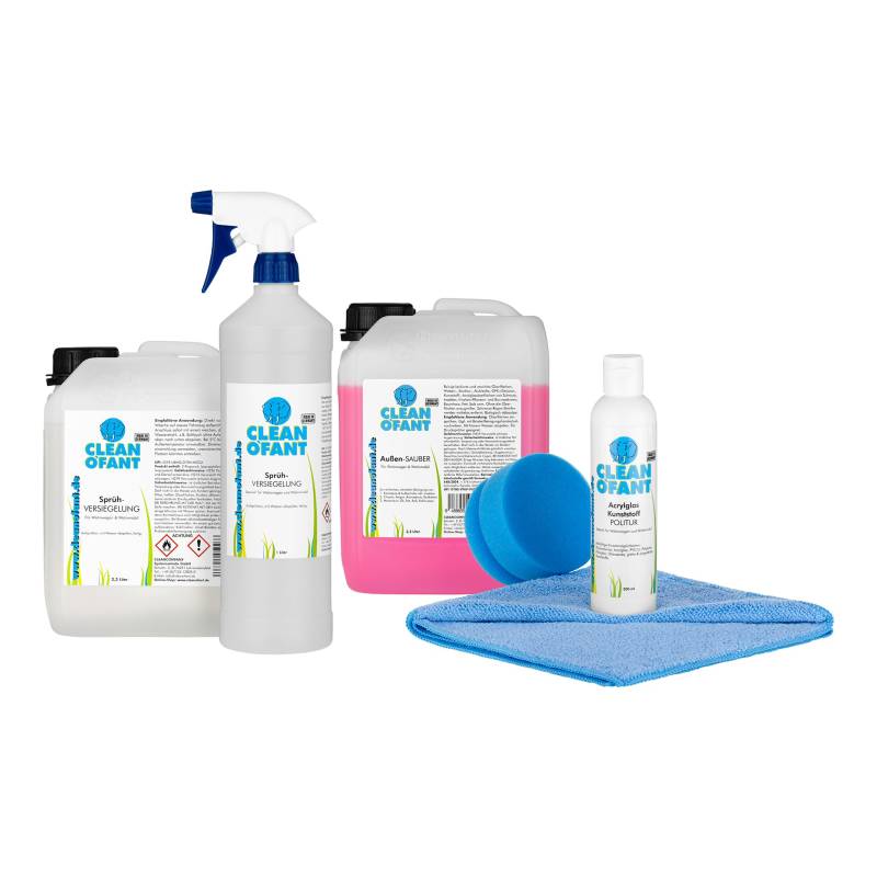 CLEANOFANT Außen Reiniger & Sprüh-Versiegelung & Acrylglas-Kunststoff-Politur Set - für Wohnwagen Wohnmobil Caravan von CLEANOFANT
