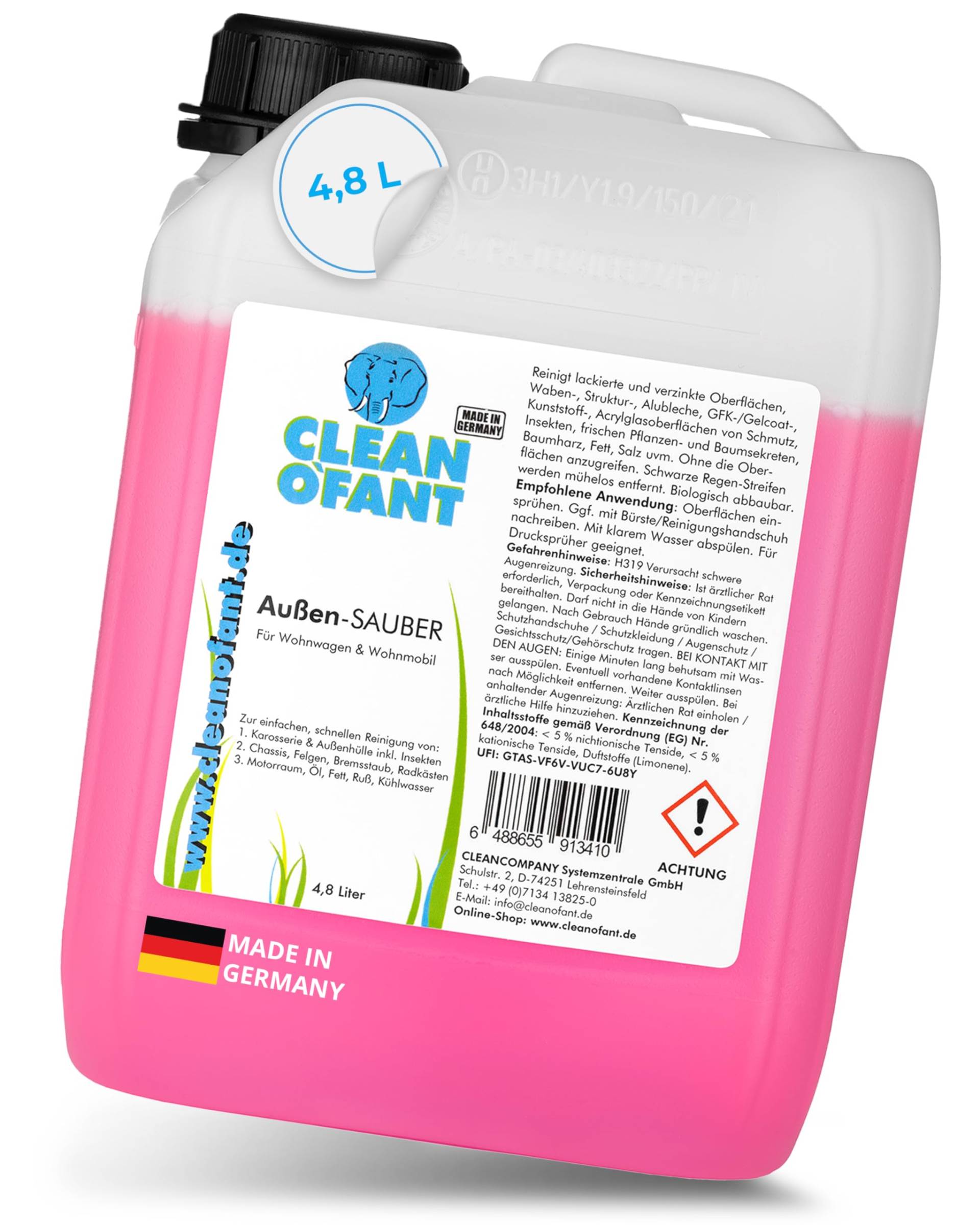 CLEANOFANT Außen-SAUBER | 4,8 Liter | Außen Reiniger für Wohnwagen, Wohnmobil, Caravan, Vorzelt - das Shampoo vereint Außenreiniger, Insektenentferner, Felgenreiniger, Motorraumreiniger CLEANOFANT Außen-SAUBER | 4,8 Liter | Außen Reiniger für Wohnwagen, Wohnmobil, Caravan, Vorzelt - das Shampoo vereint Außenreiniger, Insektenentferner, Felgenreiniger, Motorraumreiniger von CLEANOFANT