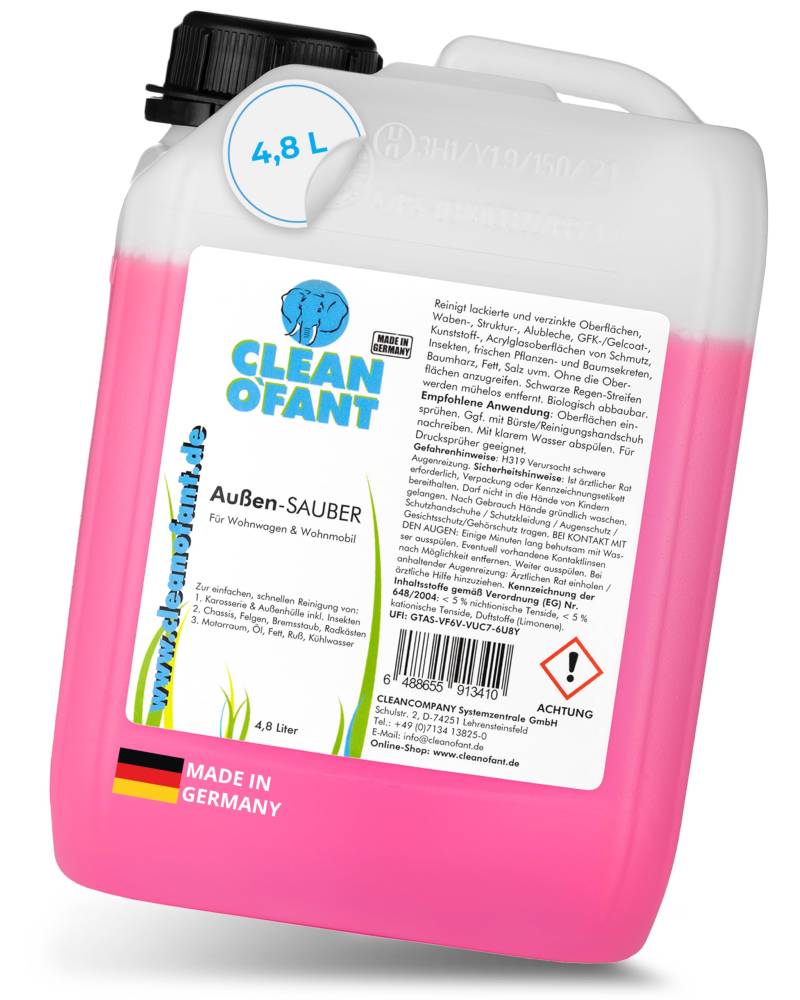 CLEANOFANT Außen-SAUBER | 4,8 Liter | Außen Reiniger für Wohnwagen, Wohnmobil, Caravan, Vorzelt - das Shampoo vereint Außenreiniger, Insektenentferner, Felgenreiniger, Motorraumreiniger von CLEANOFANT