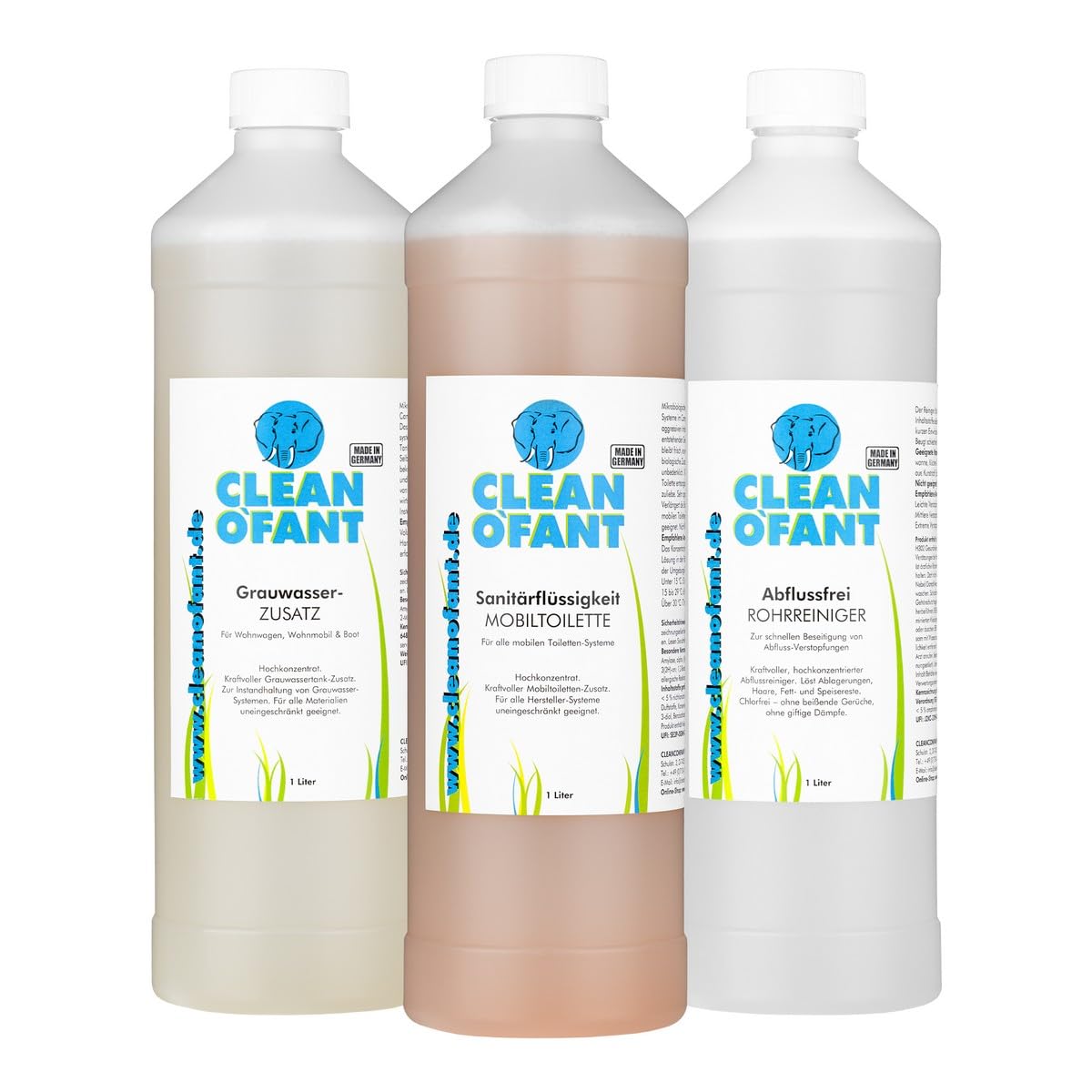 CLEANOFANT Set 1L Sanitärflüssigkeit für Campingtoilette + 1L Grauwassertank Zusatz + 1L Abflussreiniger Rohrreiniger CLEANOFANT Set 1L Sanitärflüssigkeit für Campingtoilette + 1L Grauwassertank Zusatz + 1L Abflussreiniger Rohrreiniger von CLEANOFANT