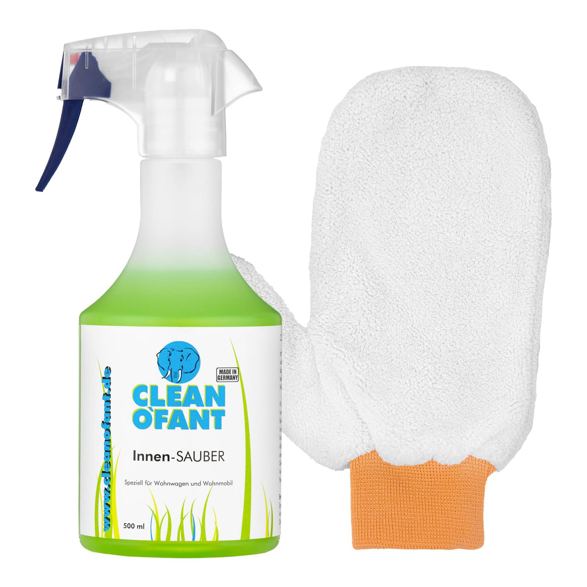 CLEANOFANT Set Innen Reiniger 500 ml + Mikrofaser-Reinigungshandschuh | Innenraum Reiniger für Wohnwagen Wohnmobil Caravan von CLEANOFANT