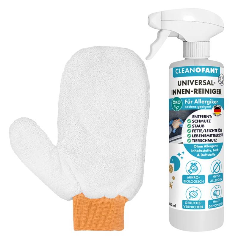 CLEANOFANT Innen-Reiniger Mikrobiologisch Hypoallergen - mit Geruchsvernichter | Für Allergiker geeignet | Set 500 ml Spray + Reinigungshandschuh | für Wohnwagen Wohnmobil Caravan von CLEANOFANT