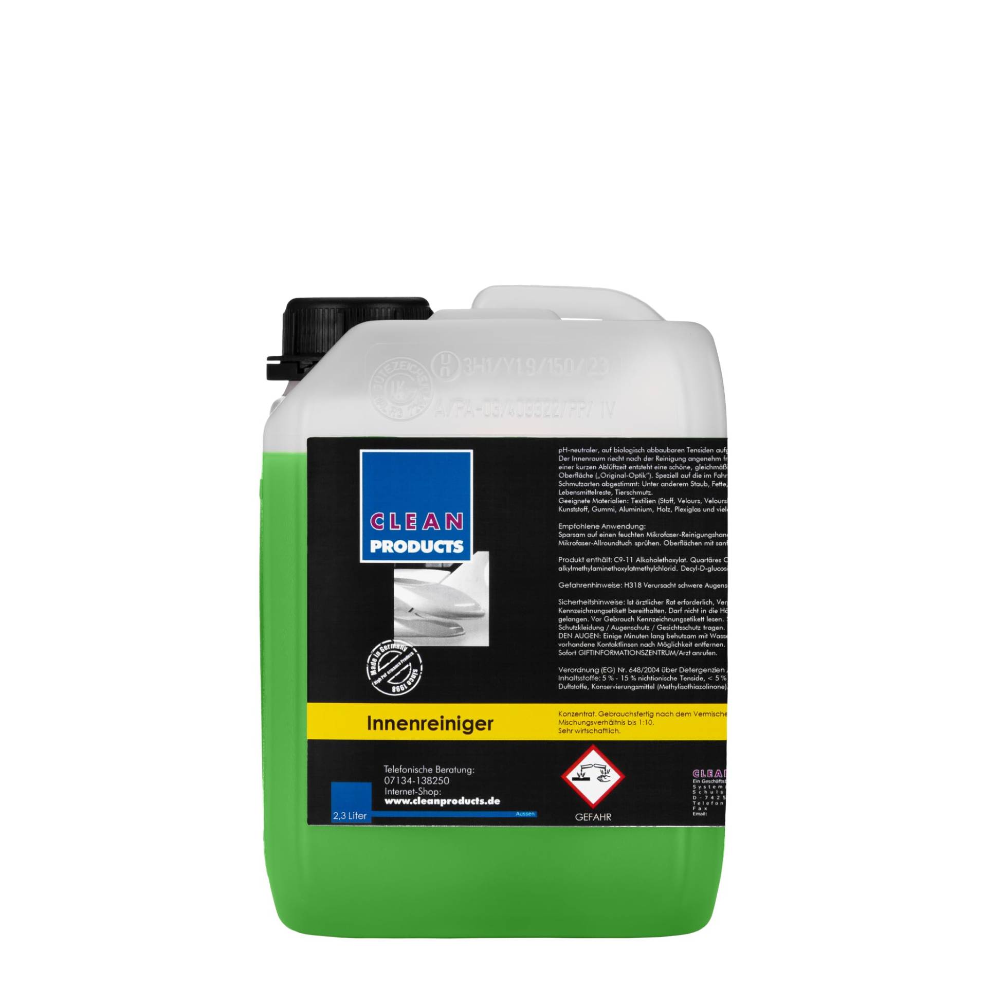 CLEANPRODUCTS Auto Innenraum Reiniger Konzentrat - 2,3 Liter - Mischung bis 1:10, für Stoff, Kunststoff, Gummi, Aluminium, Leder, Alcantara, Velours, Holz von CLEANPRODUCTS