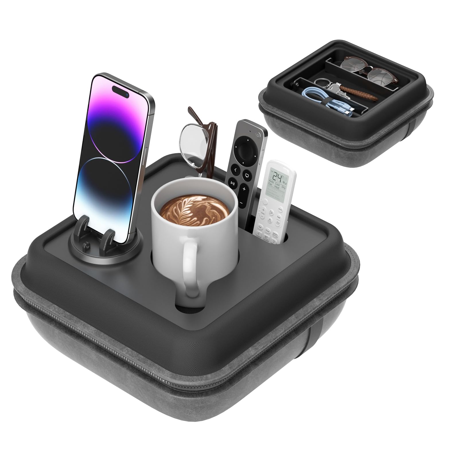 CLESOO Sofa Tablett - Abnehmbare & Tragbare Couch Getränkehalter mit Trennwandgurt und Drehbarem Handy Halter, Couch Getränkehalter Kissen Organizer für Tasse, Becher, Handy, Fernbedienung, Snacks CLESOO Sofa Tablett - Abnehmbare & Tragbare Couch Getränkehalter mit Trennwandgurt und Drehbarem Handy Halter, Couch Getränkehalter Kissen Organizer für Tasse, Becher, Handy, Fernbedienung, Snacks von CLESOO