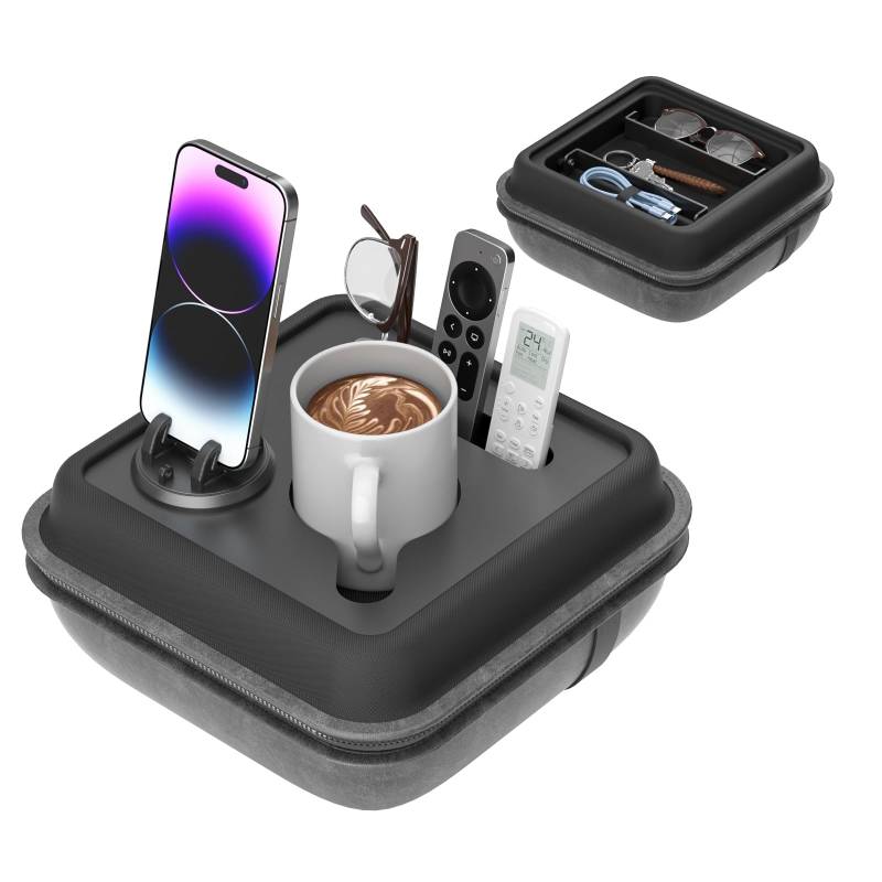 CLESOO Sofa Tablett - Abnehmbare & Tragbare Couch Getränkehalter mit Trennwandgurt und Drehbarem Handy Halter, Couch Getränkehalter Kissen Organizer für Tasse, Becher, Handy, Fernbedienung, Snacks von CLESOO