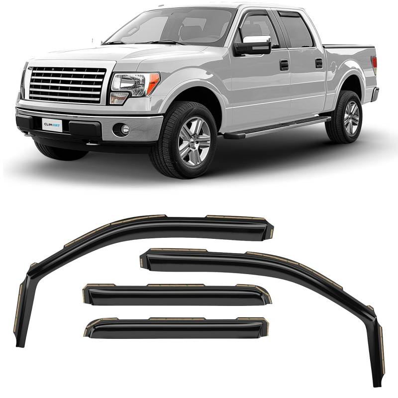 CLIM ART InChannel Unglaublich langlebiger Regenschutz für Ford F150 2009–2014 SuperCrew, Original Fensterabweiser Entlüftungsabweiser Lüftungsfenster Visiere Dark Smoke Truck Zubehör, 4 Stück - von CLIM ART
