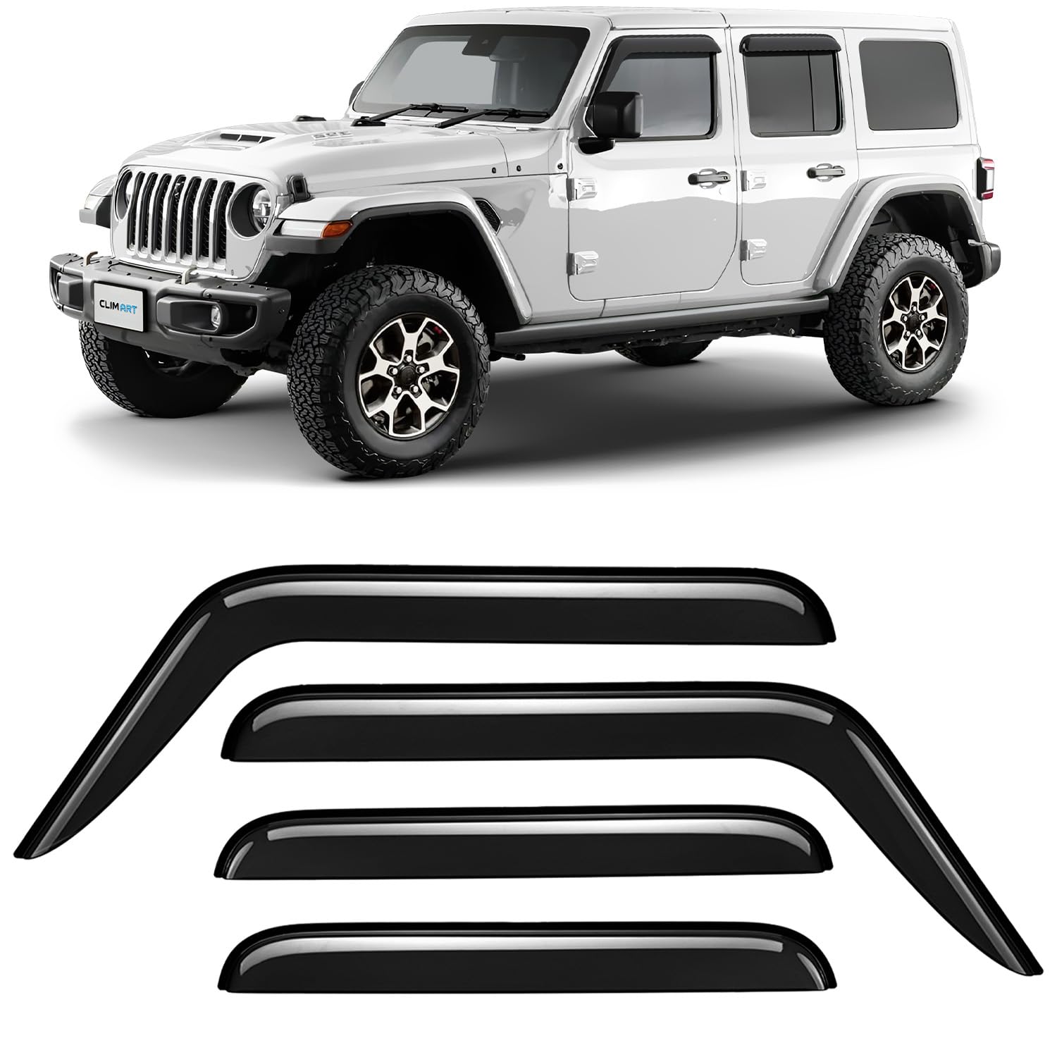 CLIM ART Windabweiser für/kompatible mit Jeep Wrangler 2018-2025 (IV JL) - Stick-on Regenabweiser - Autofenster Regenschutz - Ermöglichen Frischluft - Waschstraßenfest - Einfache Montage 4 Set von CLIM ART