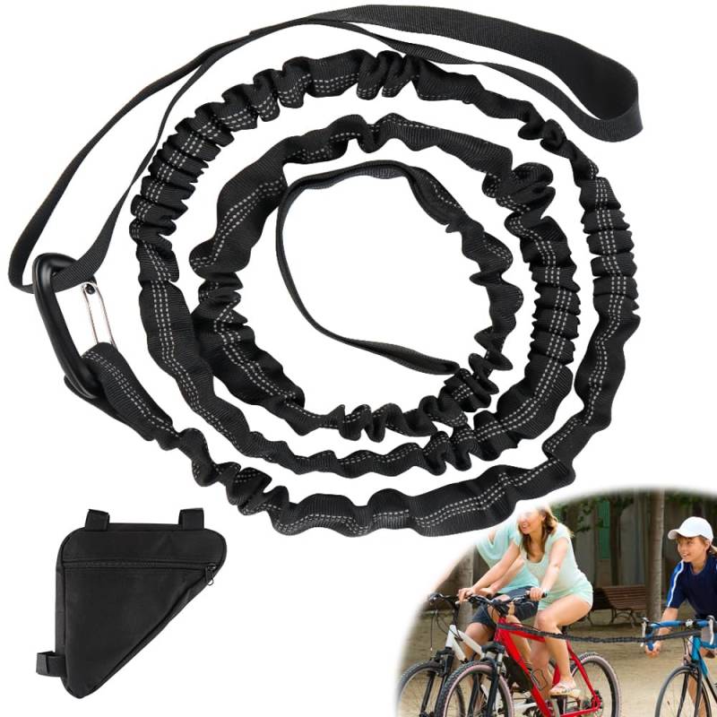 CLIUNT Abschleppseil Fahrrad Kinder, Fahrrad Bungee Abschleppseil, Fahrrad Abschleppgurt Elastisch, mit Dreiecktasche, für Kinderfahrräder, Berg, E-Bikes, Schwarz, Tragfähigkeit 500lbs von CLIUNT