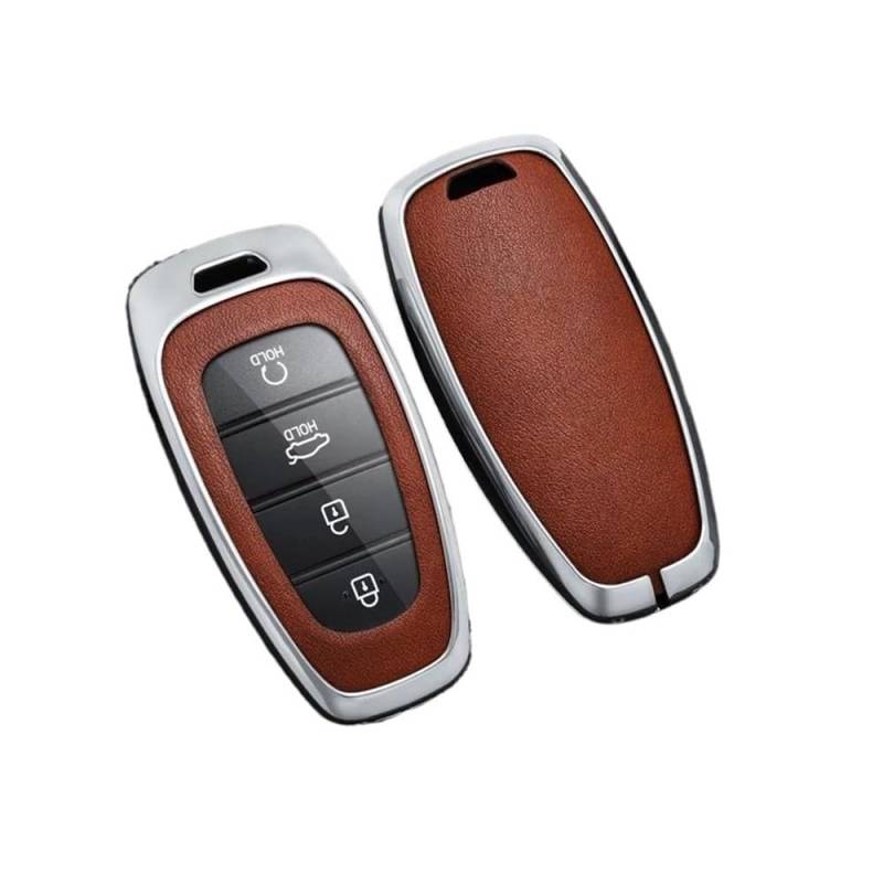 Schlüsselhülle Legierung Leder Auto Schlüssel Fall Abdeckung Für Hyundai Für Tucson Für Solaris Für Sonata Hybrid Nexo NX4 Für Santafe Dn8 2020 2021 2022 Auto Schlüsselgehäuse(Silver Brown) von CNMVCJSAR