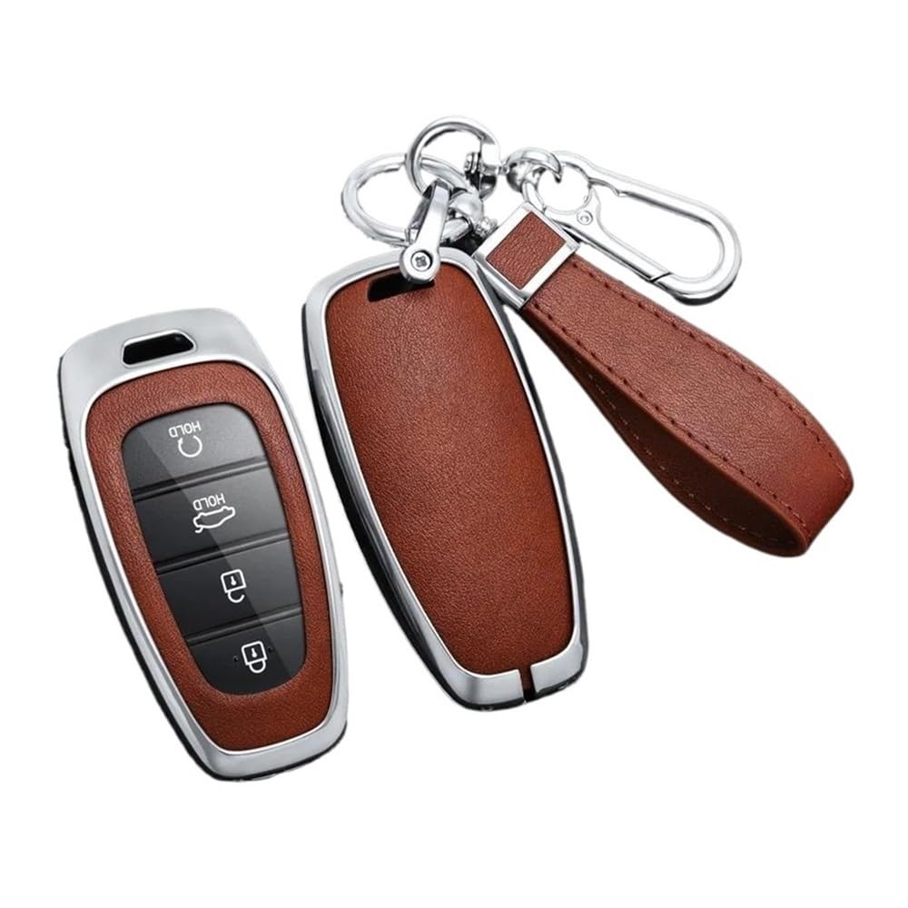 Schlüsselhülle Legierung Leder Auto Schlüssel Fall Abdeckung Für Hyundai Für Tucson Für Solaris Für Sonata Hybrid Nexo NX4 Für Santafe Dn8 2020 2021 2022 Auto Schlüsselgehäuse(Silver Brown Set) von CNMVCJSAR