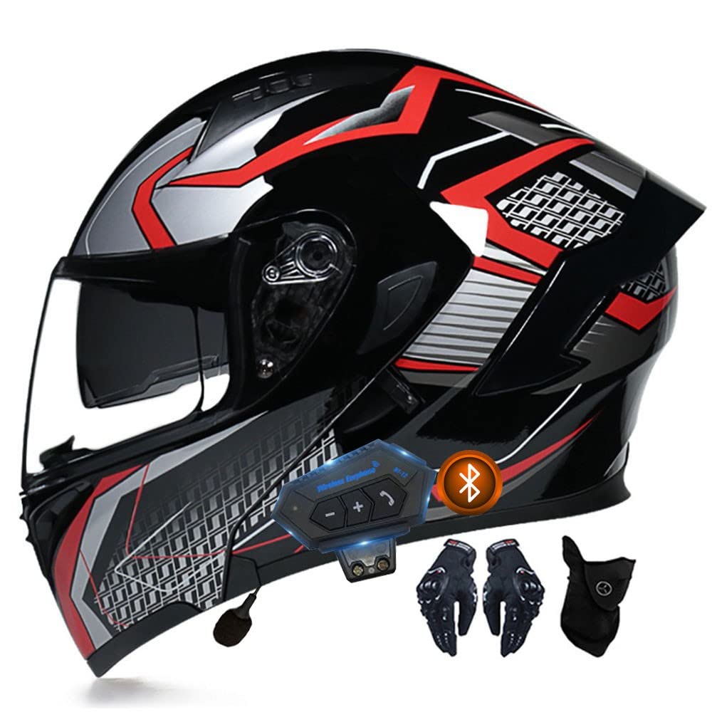 Motorrad Integrierter Bluetooth-Helm, Mit Doppelvisier, ECE Genehmigt, Rundumbelüftung, Bequemes Innenfutter, Antibeschlag-Sonnenblende, Kostenlose Handschuhe Und Gesichtsschutz von CNNGU
