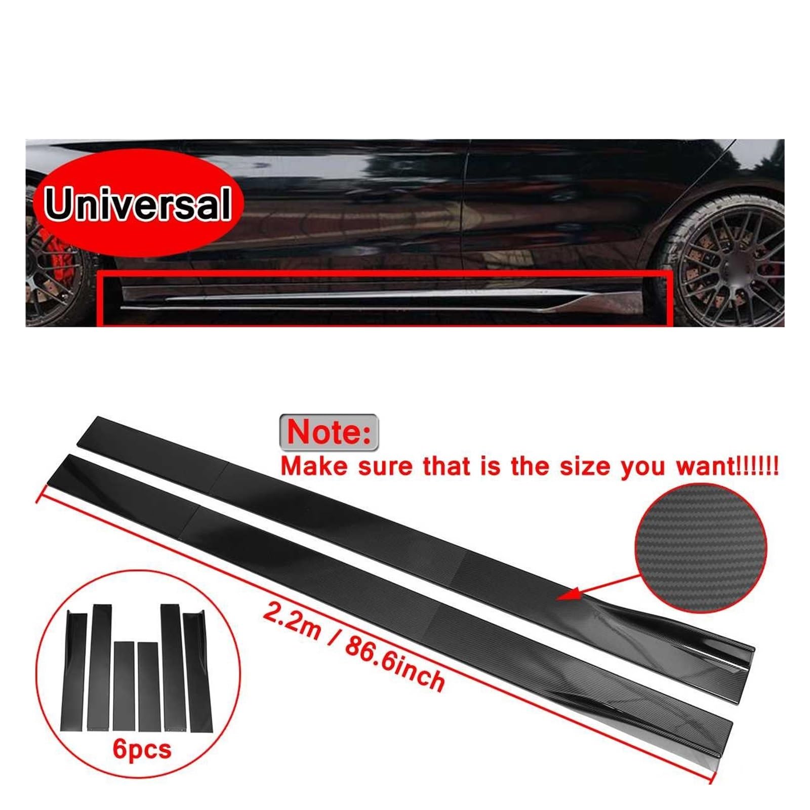 Auto-Seitenschweller, 6PCS 2m/2,2m Universal Side Rock Extensions Auto Seite Röcke Winglet Splitter Lip Kompatibel for BMW for Benz for Honda for Audi for VW(2.2m Carbon) von CNZLUVNS