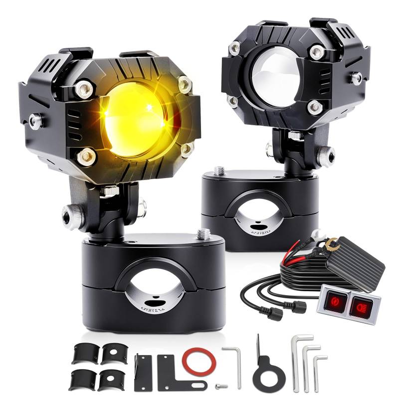 CO LIGHT 2PCS 70W Motorrad Nebelscheinwerfer 21000LM Motorrad LED Zusatzscheinwerfer 7 Beleuchtungsmodi mit Zusatz-Bernstein Weiß Kabelbaum-Kit Plug and Play und Montagehalterungen von CO LIGHT