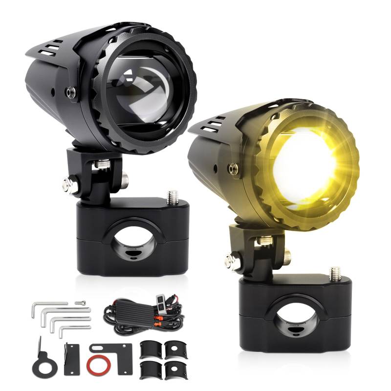 CO LIGHT 2PCS Runde 70W Motorrad Nebelscheinwerfer 21000LM Motorrad LED Zusatzscheinwerfer 7 Beleuchtungsmodi mit Zusatz-Bernstein Weiß Kabelbaum-Kit Plug and Play und Montagehalterungen von CO LIGHT