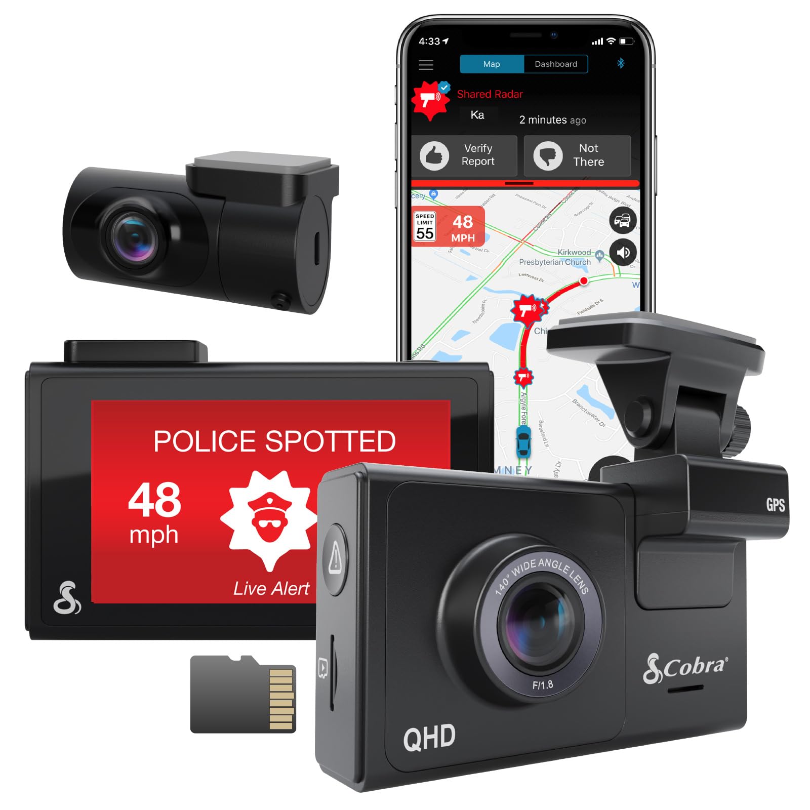 Cobra Smart Dashcam Autokamera + hinten Kamera QHD+ Video 1600P Auflösung, Sprachsteuerung, integriertes WiFi & GPS, 16GB SD Karte, 3" Display, gemeinsame Alarme, Notfall MayDay, Drive Smarter App von COBRA
