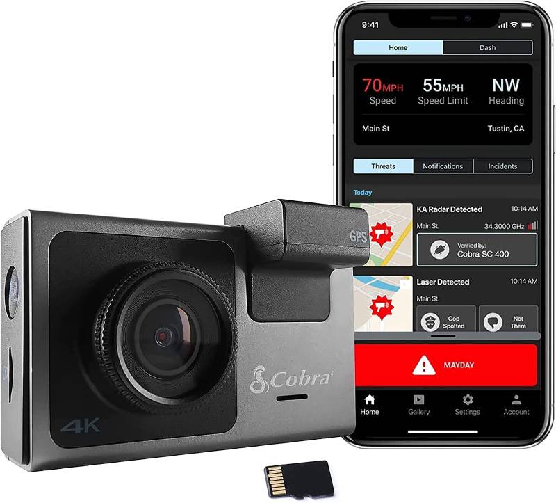 Cobra Smart Dashcam Autokamera SC400 UHD 4K Videoauflösung, 16 GB SD-Karte, Kapazität für 3 Ansichten, GPS & WiFi, Alexa integriert, SOS-Alarm und Unfallberichte, Drive Smarter App, grau von Cobra