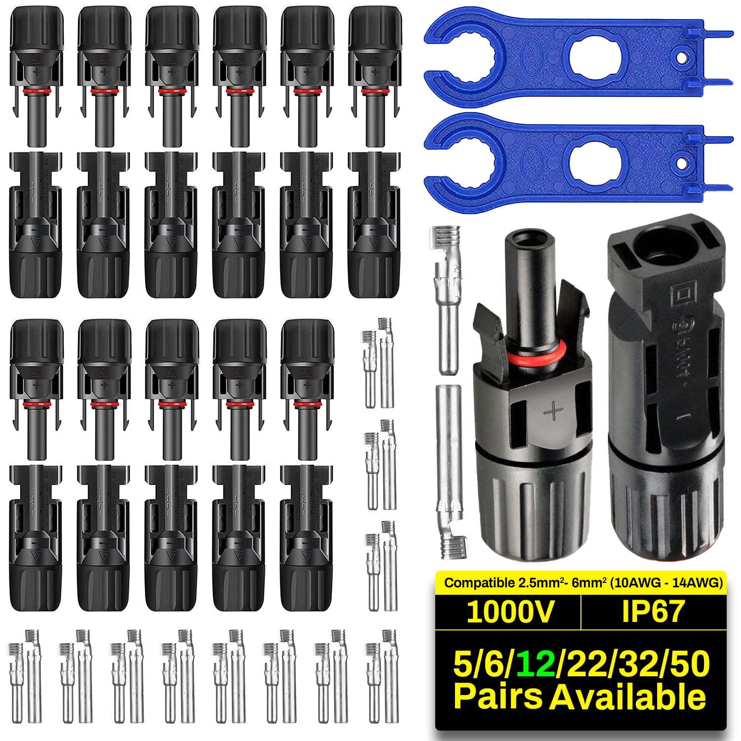 COCOSY Solarstecke 5/6/12/22/32/50 Paar 6mm²/4mm²/2.5mm² PV Stecker mit 1 Paar Schlüssel, Solarpanel Stecker und Buchse für Photovoltaik PV DIY Kabel (12 Paar Solarstecker + 1 Paar Schraubenschlüssel) COCOSY Solarstecke 5/6/12/22/32/50 Paar 6mm²/4mm²/2.5mm² PV Stecker mit 1 Paar Schlüssel, Solarpanel Stecker und Buchse für Photovoltaik PV DIY Kabel (12 Paar Solarstecker + 1 Paar Schraubenschlüssel) von COCOSY