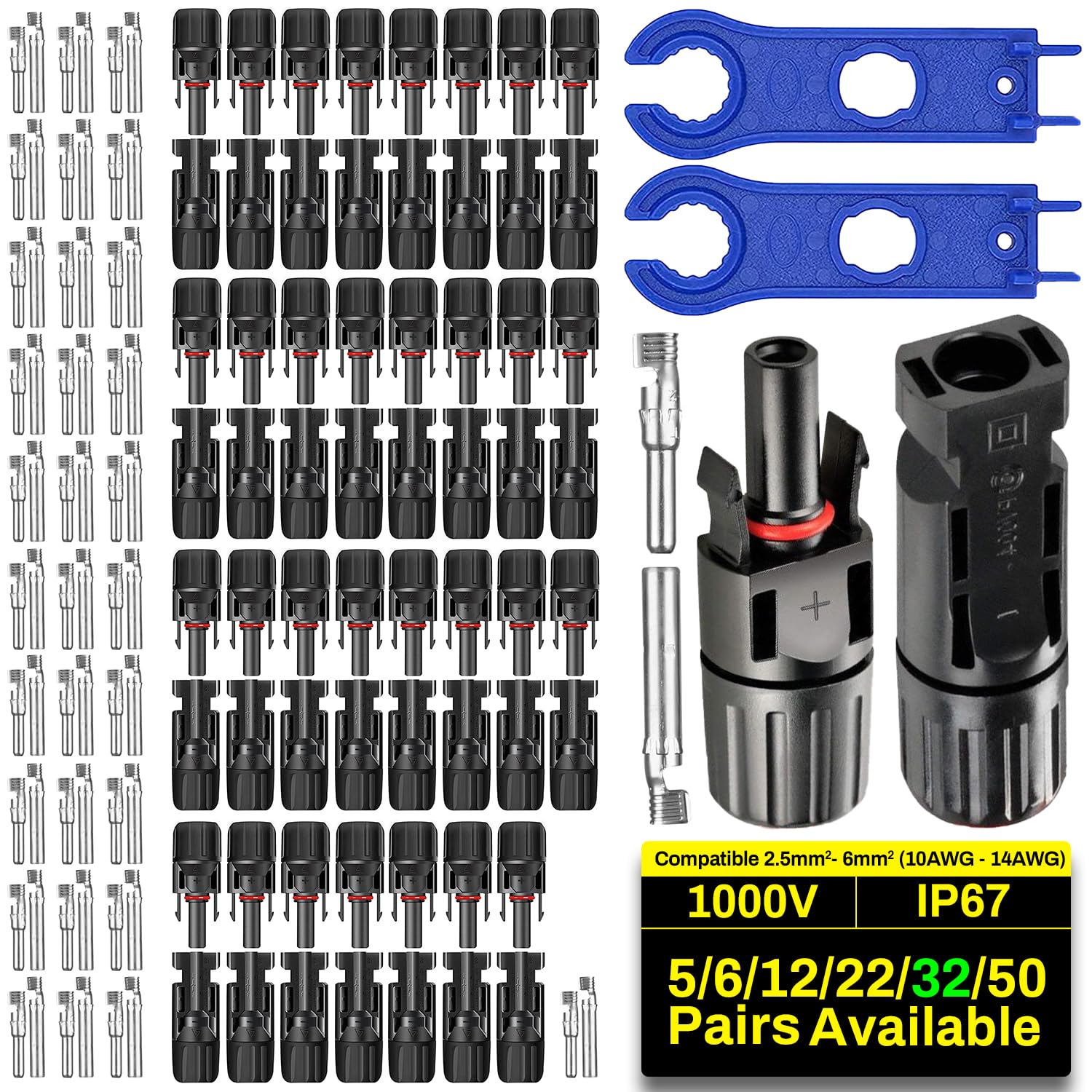 COCOSY Solarstecke 5/6/12/22/32/50 Paar 6mm²/4mm²/2.5mm² PV Stecker mit 1 Paar Schlüssel, Solarpanel Stecker und Buchse für Photovoltaik PV DIY Kabel (32 Paar Solarstecker + 1 Paar Schraubenschlüssel) COCOSY Solarstecke 5/6/12/22/32/50 Paar 6mm²/4mm²/2.5mm² PV Stecker mit 1 Paar Schlüssel, Solarpanel Stecker und Buchse für Photovoltaik PV DIY Kabel (32 Paar Solarstecker + 1 Paar Schraubenschlüssel) von COCOSY