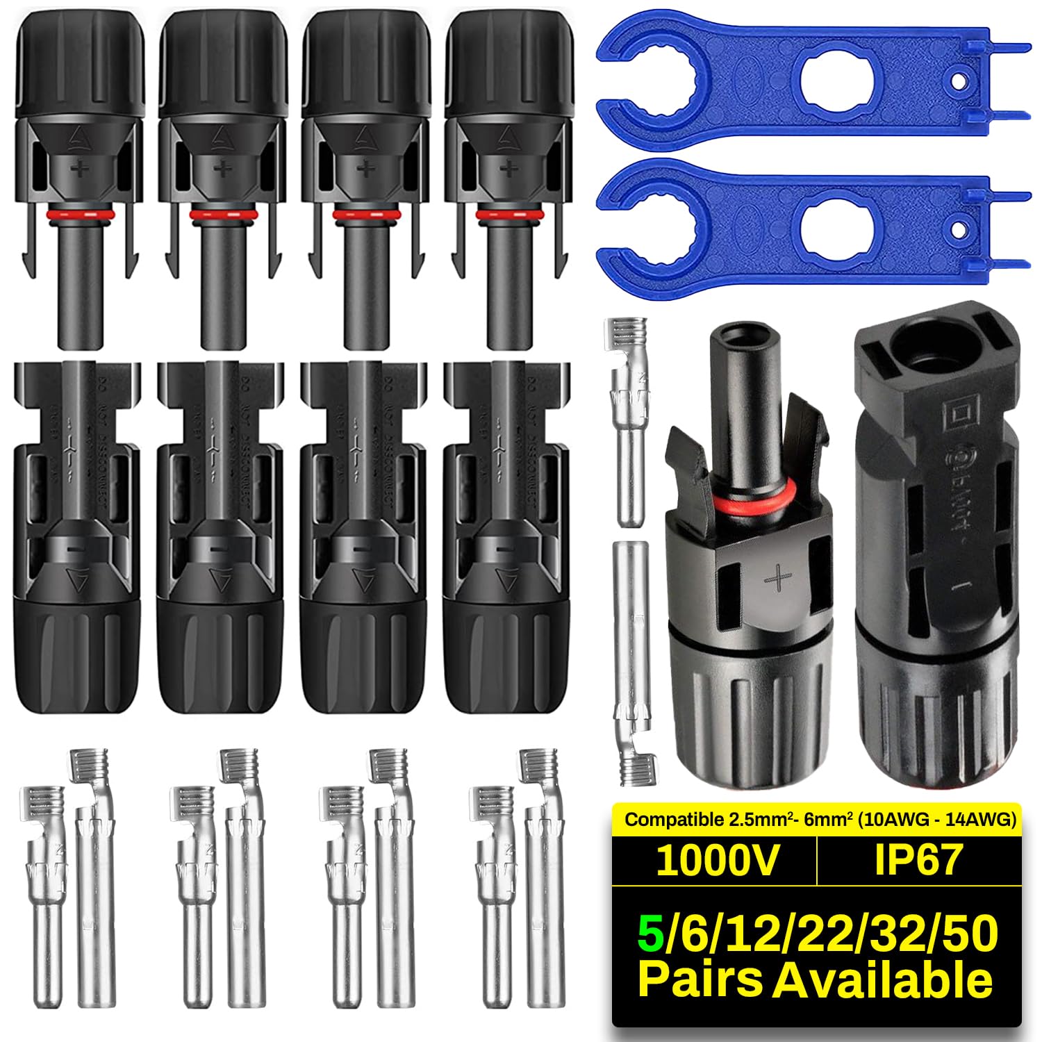 COCOSY Solarstecke 5/6/12/22/32/50 Paar 6mm²/4mm²/2.5mm² PV Stecker mit 1 Paar Schlüssel, Solarpanel Stecker und Buchse für Photovoltaik PV DIY Kabel (5 Paar Solarstecker + 1 Paar Schraubenschlüssel) COCOSY Solarstecke 5/6/12/22/32/50 Paar 6mm²/4mm²/2.5mm² PV Stecker mit 1 Paar Schlüssel, Solarpanel Stecker und Buchse für Photovoltaik PV DIY Kabel (5 Paar Solarstecker + 1 Paar Schraubenschlüssel) von COCOSY