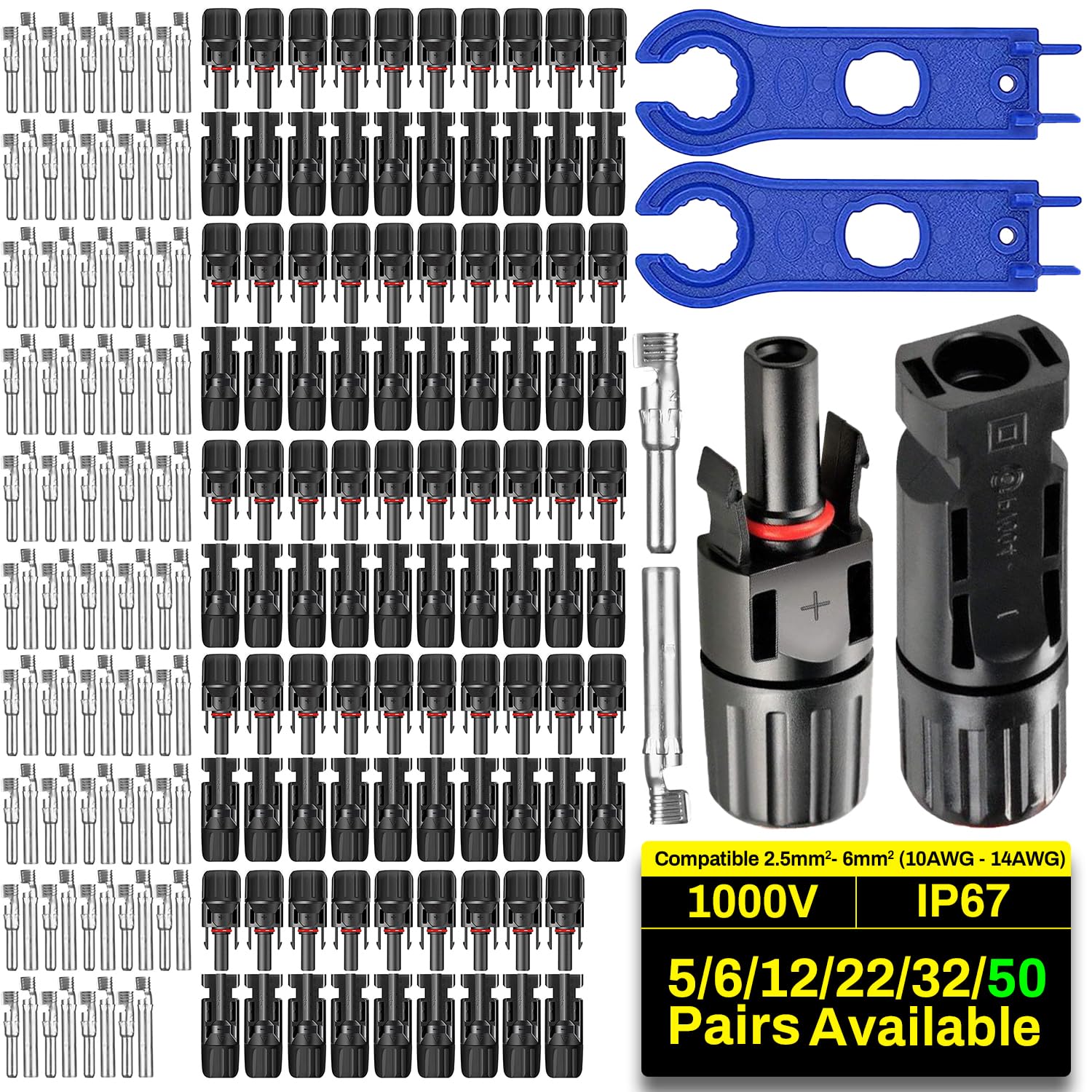 COCOSY Solarstecke 5/6/12/22/32/50 Paar 6mm²/4mm²/2.5mm² PV Stecker mit 1 Paar Schlüssel, Solarpanel Stecker und Buchse für Photovoltaik PV DIY Kabel (50 Paar Solarstecker + 1 Paar Schraubenschlüssel) COCOSY Solarstecke 5/6/12/22/32/50 Paar 6mm²/4mm²/2.5mm² PV Stecker mit 1 Paar Schlüssel, Solarpanel Stecker und Buchse für Photovoltaik PV DIY Kabel (50 Paar Solarstecker + 1 Paar Schraubenschlüssel) von COCOSY