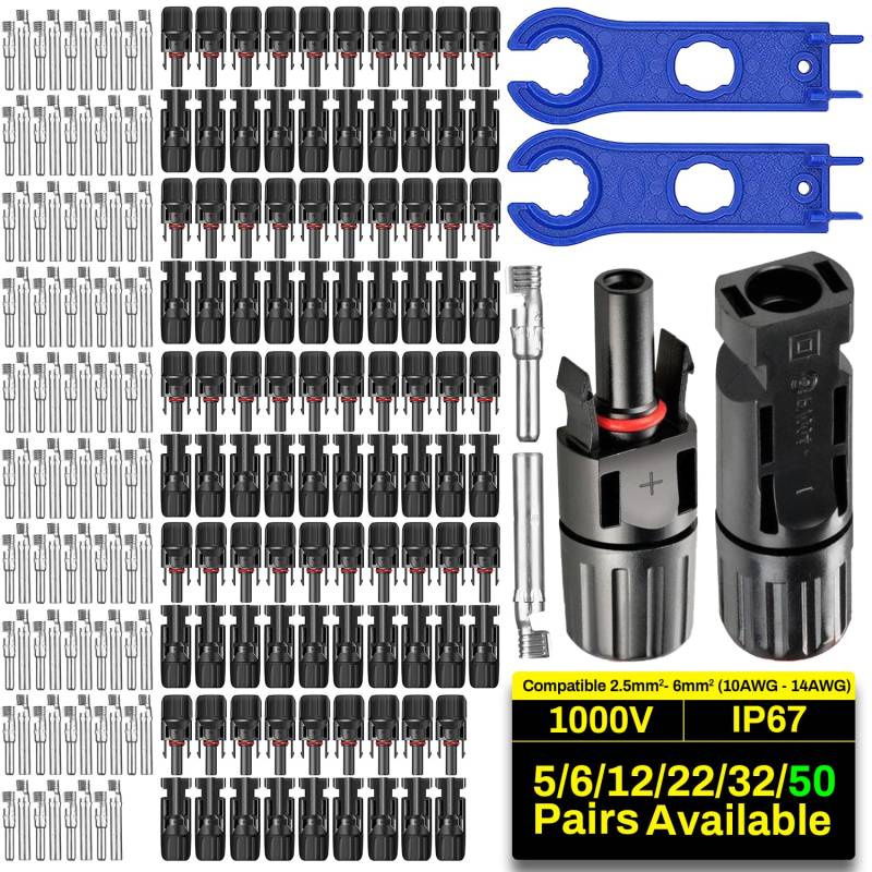 COCOSY Solarstecke 5/6/12/22/32/50 Paar 6mm²/4mm²/2.5mm² PV Stecker mit 1 Paar Schlüssel, Solarpanel Stecker und Buchse für Photovoltaik PV DIY Kabel (50 Paar Solarstecker + 1 Paar Schraubenschlüssel) von COCOSY