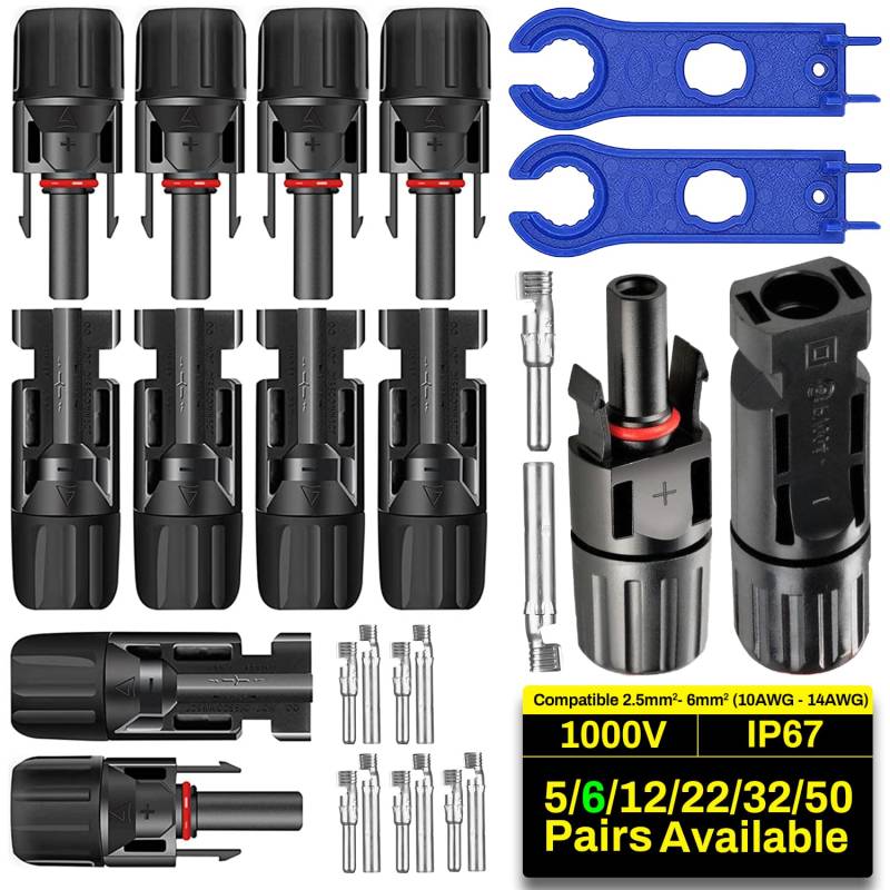 COCOSY Solarstecke 5/6/12/22/32/50 Paar 6mm²/4mm²/2.5mm² PV Stecker mit 1 Paar Schlüssel, Solarpanel Stecker und Buchse für Photovoltaik PV DIY Kabel (6 Paar Solarstecker + 1 Paar Schraubenschlüssel) von COCOSY