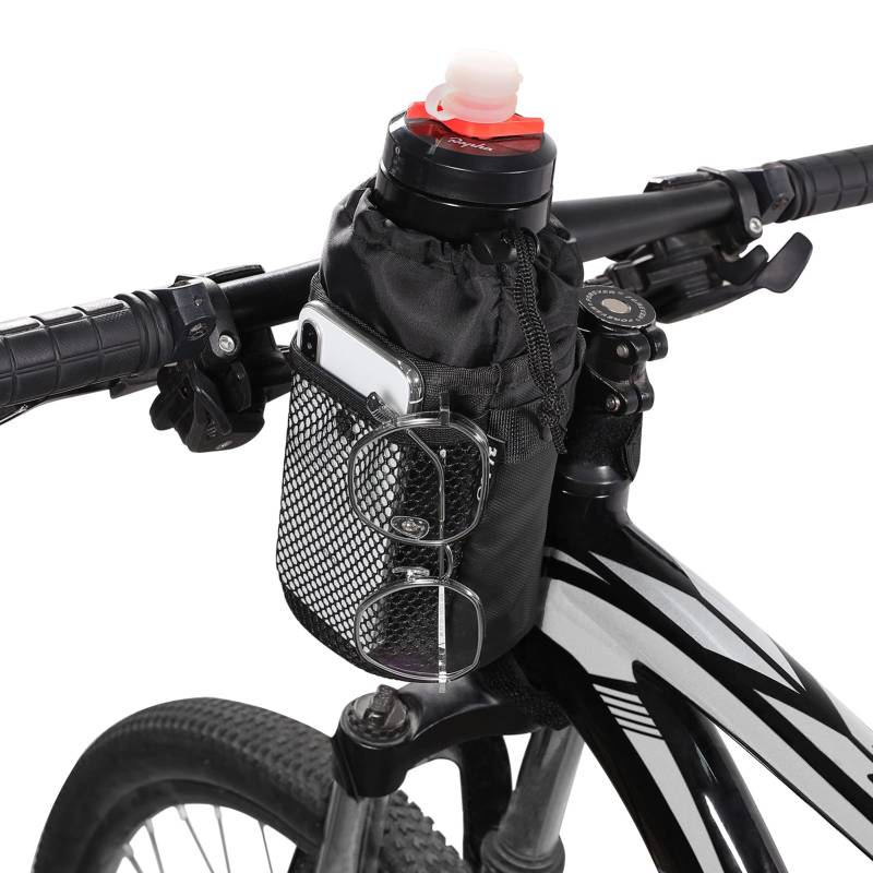 COFIT Fahrrad-Flaschenhalter mit Mesh-Fronttasche, Fahrrad-Wasserbecher-Halter mit großer Kapazität für Cruiser, Mountainbike, Rennrad, Roller, Rollstuhl Schwarz von COFIT