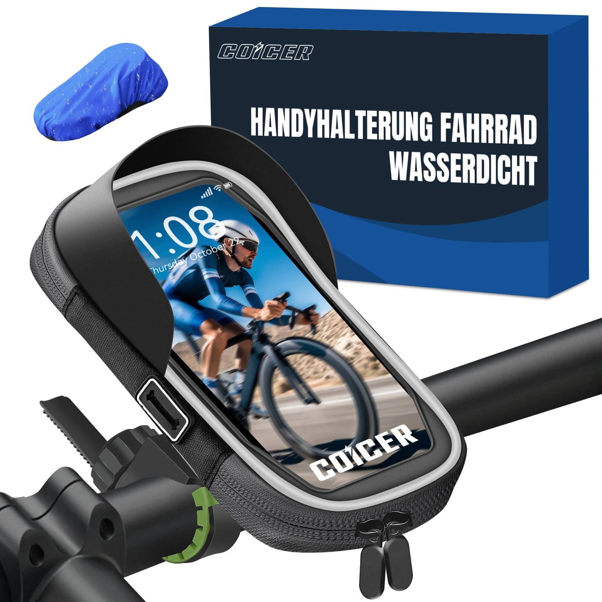 COICER Handyhalterung Fahrrad Wasserdicht Motorrad 360°Drehbarem Fahrradhalterung Lenkertasche Fahrrad zubehör Ebike für 4.7-6.5 Zoll Smartphone mit Regenhaube handyhalter Fahrrad Lenker von COICER