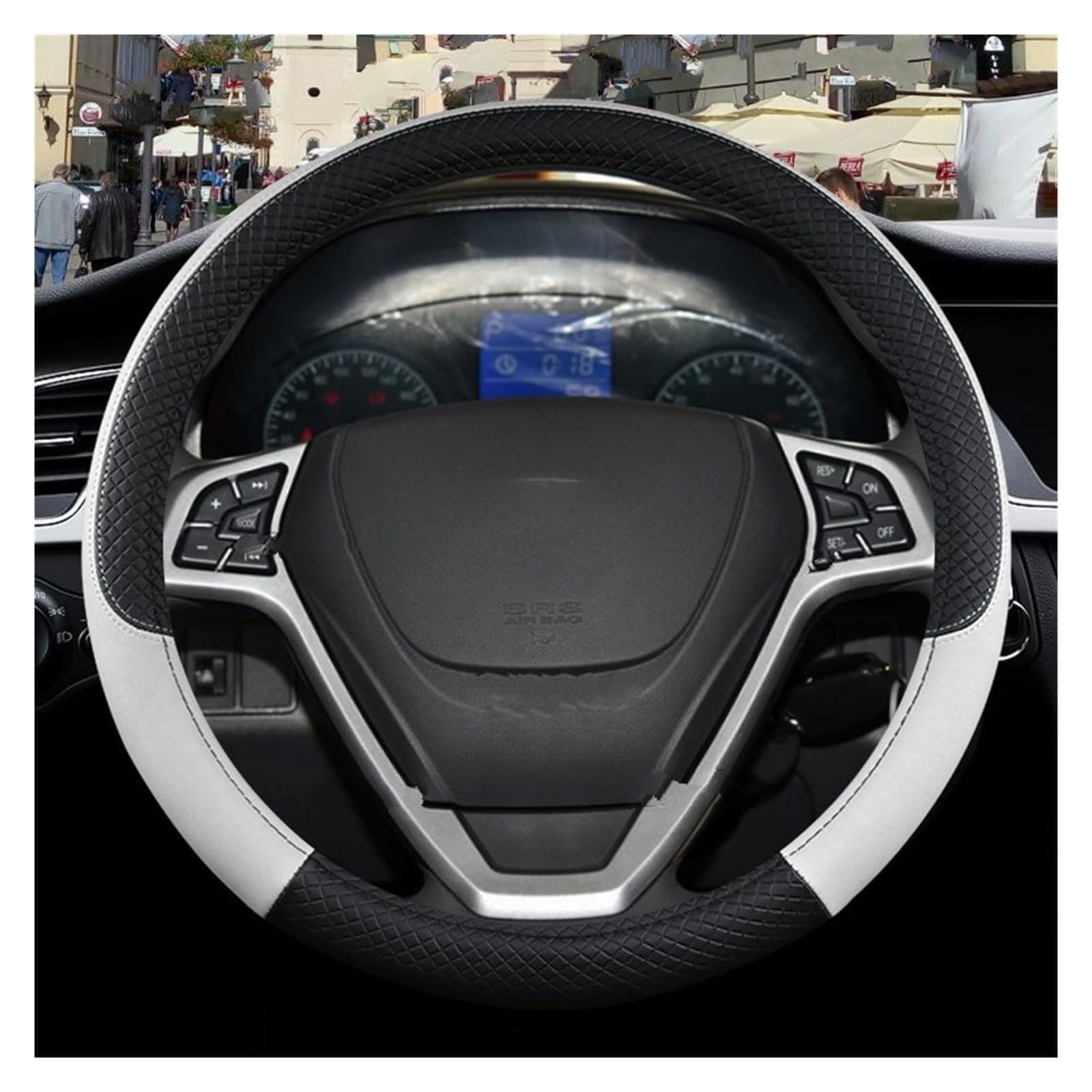 Auto Lenkradbezug für Hyundai Kona Hybrid SX2 2024 2025, Rutschfester Lenkradbezug Atmungsaktives Bequem Mode Innenraum Auto Zubehör,C Black Blue-A O-Shape Auto Lenkradbezug für Hyundai Kona Hybrid SX2 2024 2025, Rutschfester Lenkradbezug Atmungsaktives Bequem Mode Innenraum Auto Zubehör,C Black Blue-A O-Shape von COOKENG