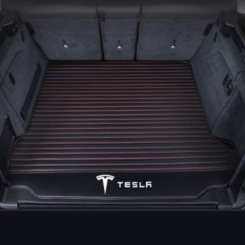 Einkreisung Leder Kofferraummatte Kofferraumwanne für Tesla Model 3 Highland 2024 2025 (Without Storage Boxes on Both Sides), rutschfest Kratzfestem Auto Kofferraumschutz,BlackRed-Bottom von COOKENG