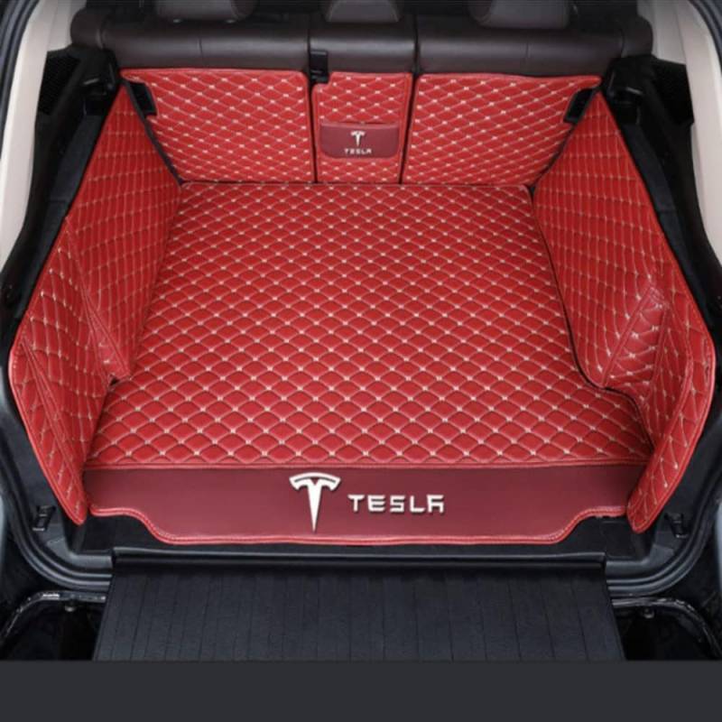 Einkreisung Leder Kofferraummatte Kofferraumwanne für Tesla Model 3 Highland 2024 2025 (Without Storage Boxes on Both Sides), rutschfest Kratzfestem Auto Kofferraumschutz,Redstyle-1set von COOKENG