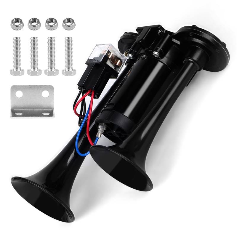 CPROSP 12V Drucklufthorn mit Kompressor, Druckluft-Doppelhorn, 12v 125db Hupe Luft Horn Gesamtlänge 210 mm von CPROSP