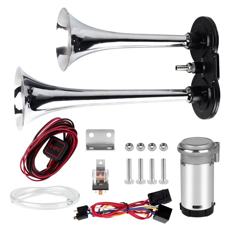 CPROSP 12V Drucklufthorn mit Kompressor, Hupen mit Schalter, Druckluft-Doppelhorn, 12v 125db Hupe Luft Horn Gesamtlänge 210 mm von CPROSP