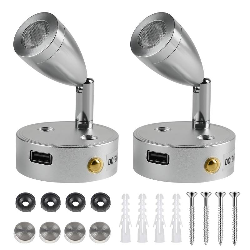 CPROSP 2tlg. 3W 12V LED Lampe Camper Dimmbar mit USB 3-6000k, 12v LED Spot Leselampe Wohnmobil Interior Led Licht Einstellbarer Schalter, 180 lm, 59 * 97mm, Silver von CPROSP