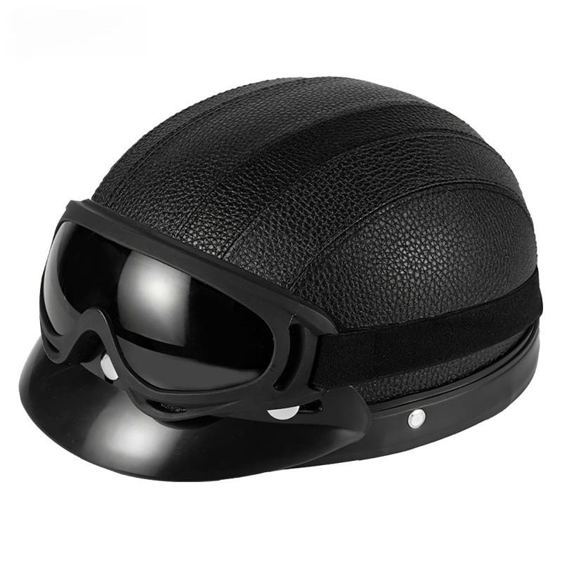 Retro Motorrad Halbhelme, Leder Halbhelm, ECE Zertifiziert, Deutscher Stil Roller Cruiser Anti-Collision Helm,Motorradhelm Mit Schutzbrille A,(55-62CM) von CQHZCL