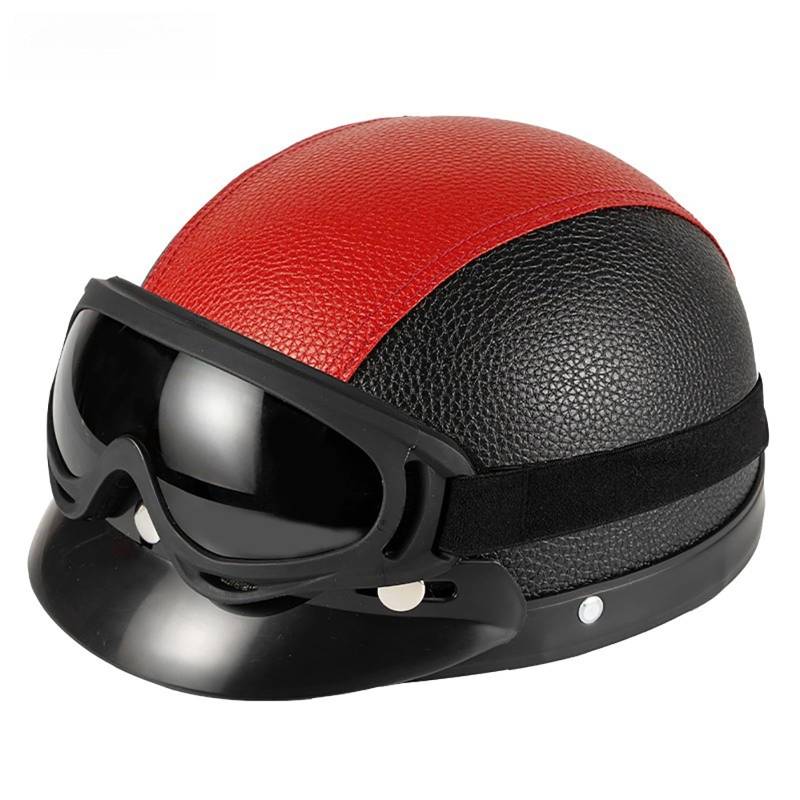 Retro Motorrad Halbhelme, Leder Halbhelm, ECE Zertifiziert, Deutscher Stil Roller Cruiser Anti-Collision Helm,Motorradhelm Mit Schutzbrille B,(55-62CM) von CQHZCL