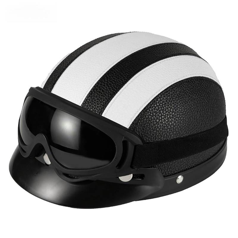 Retro Motorrad Halbhelme, Leder Halbhelm, ECE Zertifiziert, Deutscher Stil Roller Cruiser Anti-Collision Helm,Motorradhelm Mit Schutzbrille E,(55-62CM) von CQHZCL