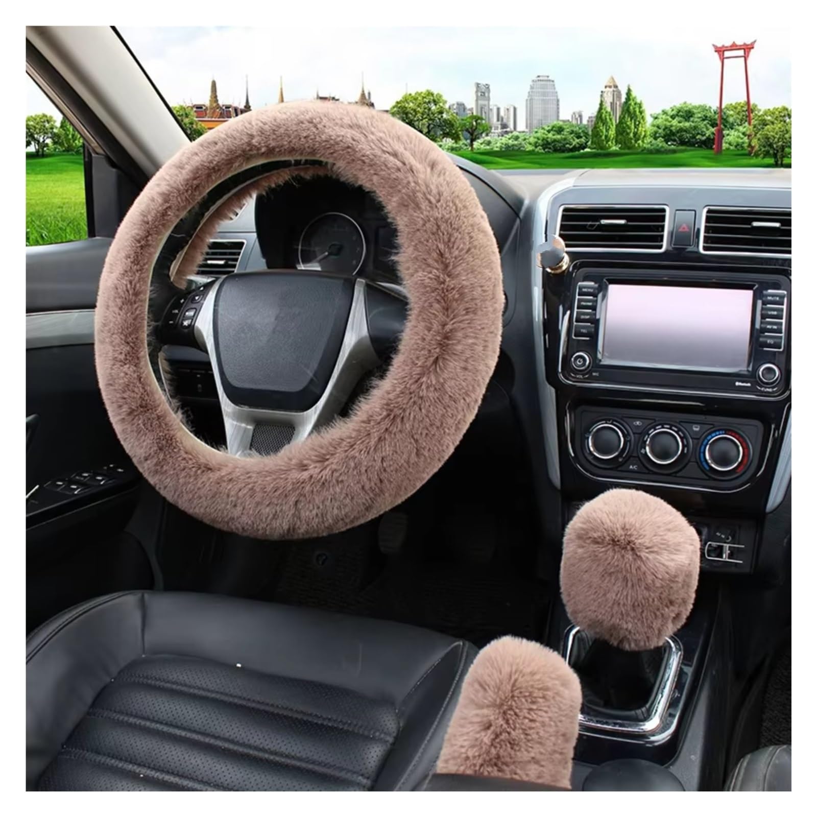 Lenkradhüllen Pelz Auto Lenkradbezug Warm Winter Auto Handbremse Schalthebelbezug Dreiteiliges Set Heizung Lenkrad 38cm Lenkradbezüge(Camel) von CQRBNE
