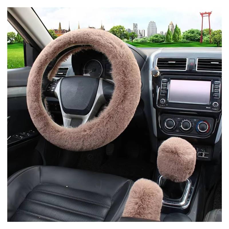 Lenkradhüllen Pelz Auto Lenkradbezug Warm Winter Auto Handbremse Schalthebelbezug Dreiteiliges Set Heizung Lenkrad 38cm Lenkradbezüge(Camel) von CQRBNE