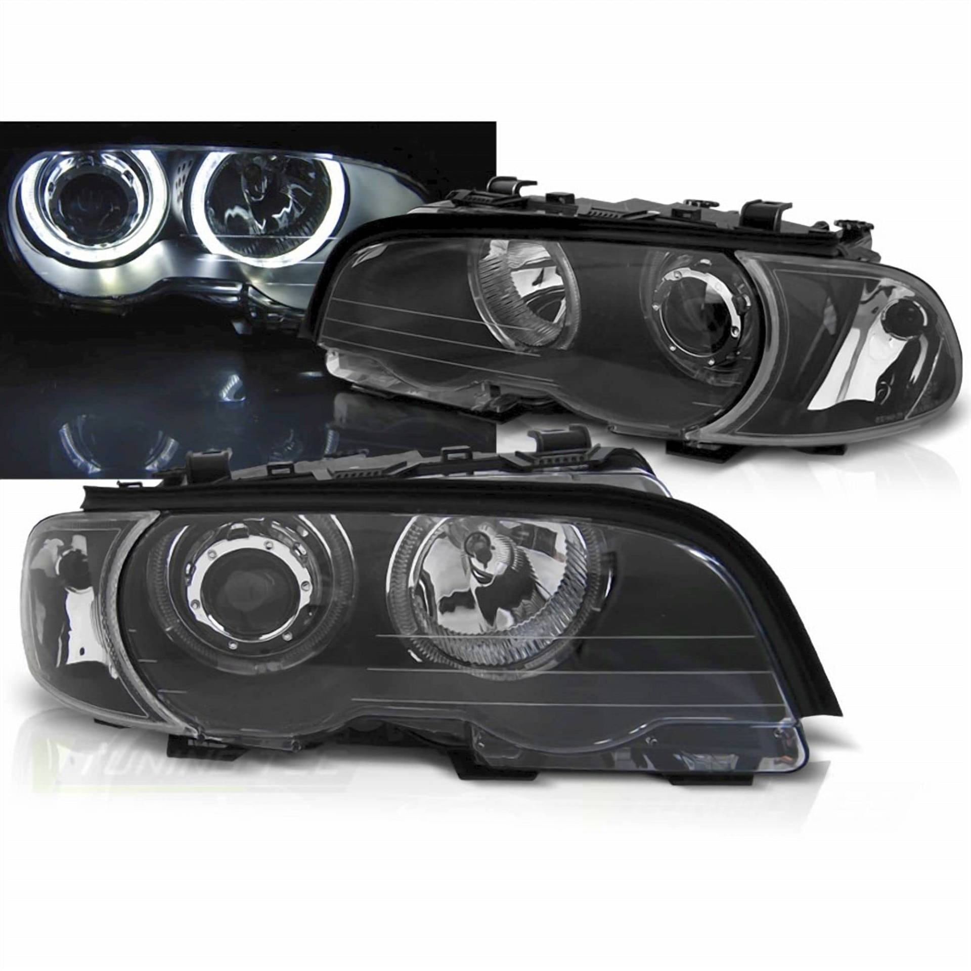 LED Angel Eyes Scheinwerfer Set in schwarz für BMW E46 04.1999-03.2003 Coupe Cabrio HALOGEN von CR-Lights