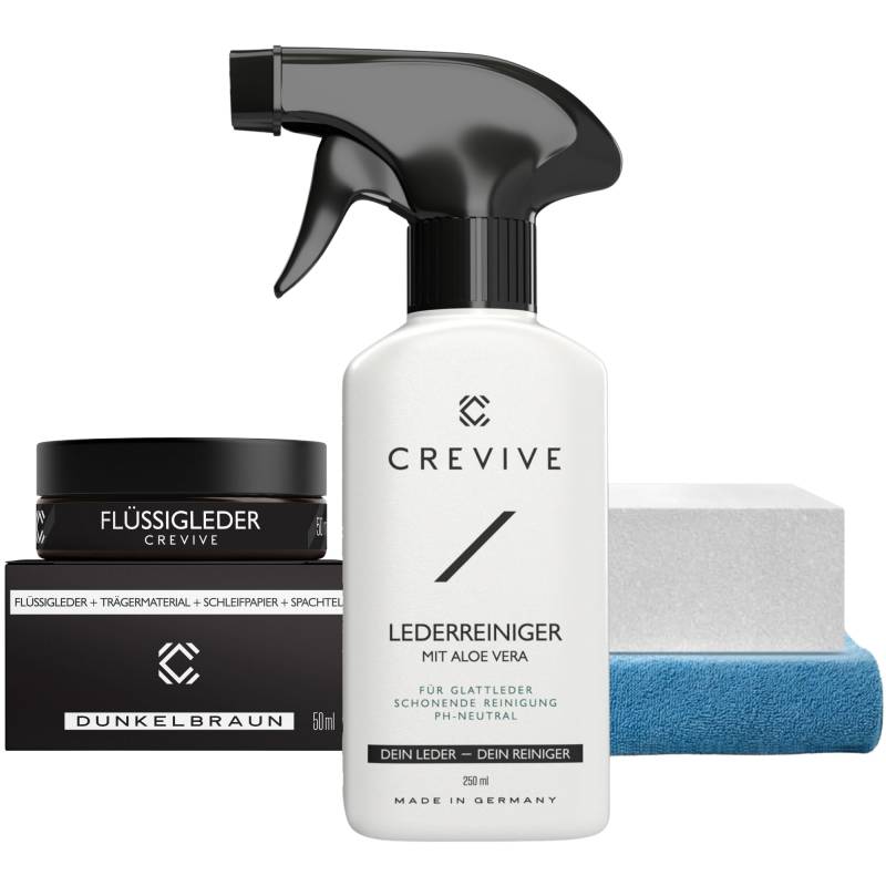 CREVIVE Flüssigleder Dunkelbraun 50 ml & Lederreiniger 250 ml - Leder Reparatur Set Braun - Kunstleder Reparaturset - Lederreparaturset für Sofa, Couch, Lenkrad, Autositze von CREVIVE