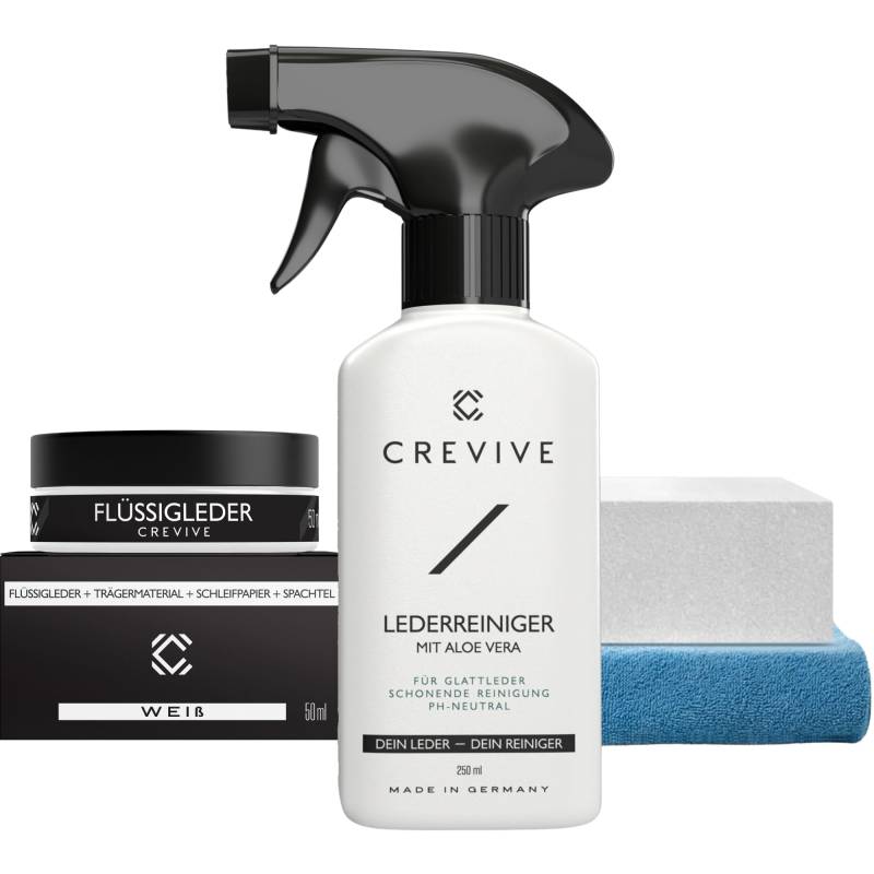 CREVIVE Flüssigleder Weiß 50 ml & Lederreiniger 250 ml - Leder Reparatur Set Weiß - Kunstleder Reparaturset - Lederreparaturset für Sofa, Couch, Lenkrad, Autositze von CREVIVE