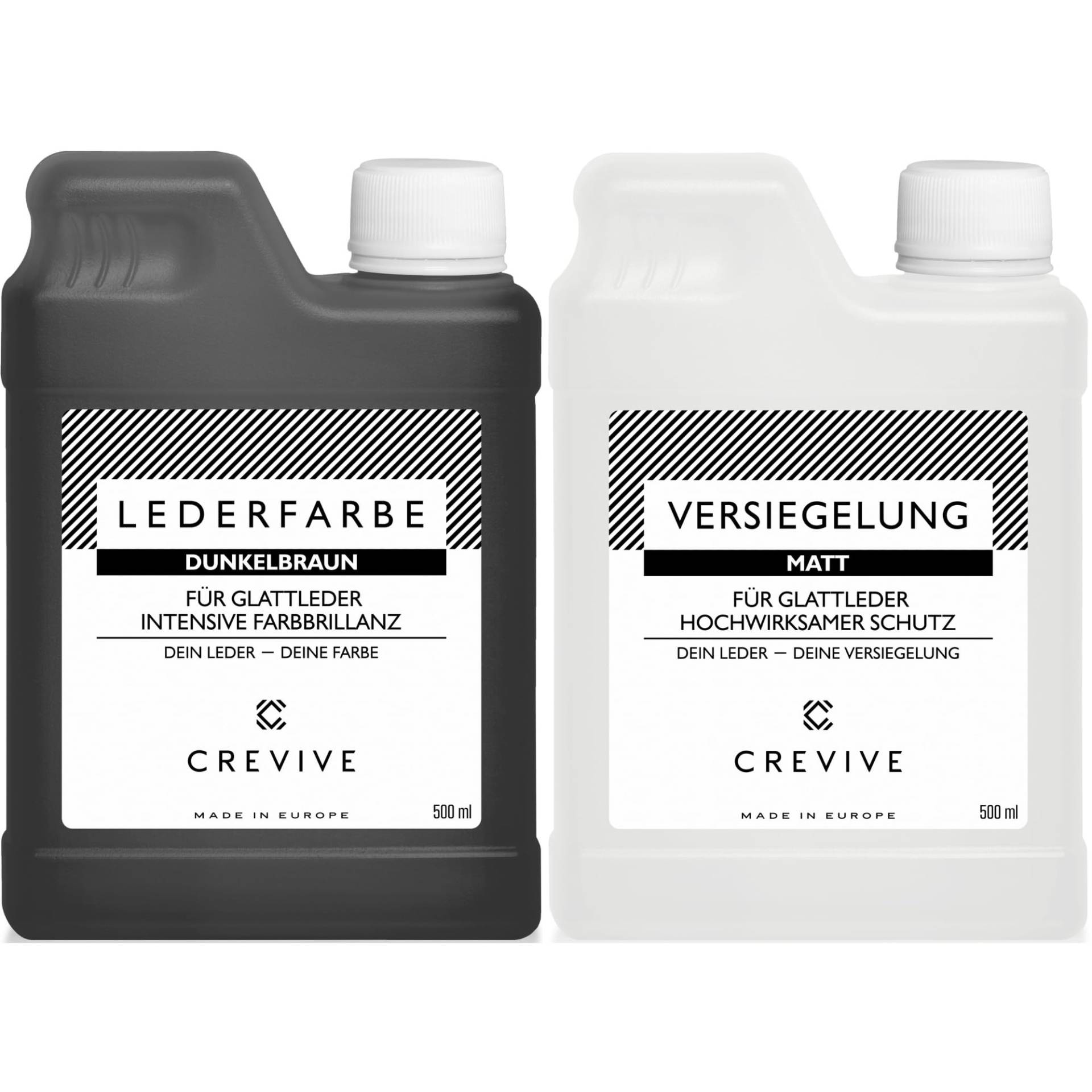 CREVIVE Lederfarbe Dunkelbraun 500 ml & Leder Versiegelung Matt 500 ml – für Echtleder zum färben und umfärben - zum Schutz und zur Fixierung von Leder Farbe - Lederfarbe Sofa - Lederfarbe Auto von CREVIVE